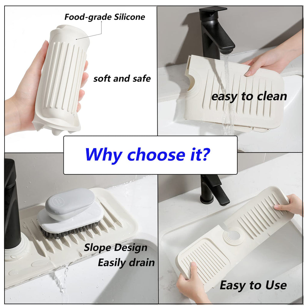 MOODKEY Kitchen Sink Splash Guard Sponge Holder for Kitchen Sink Silicone Faucet Handle Drip Catcher Tray Sink Protector for Kitchen Sink Faucet Mat Fits the Faucet Tube within 2.5"(Off-white, 17.7'')