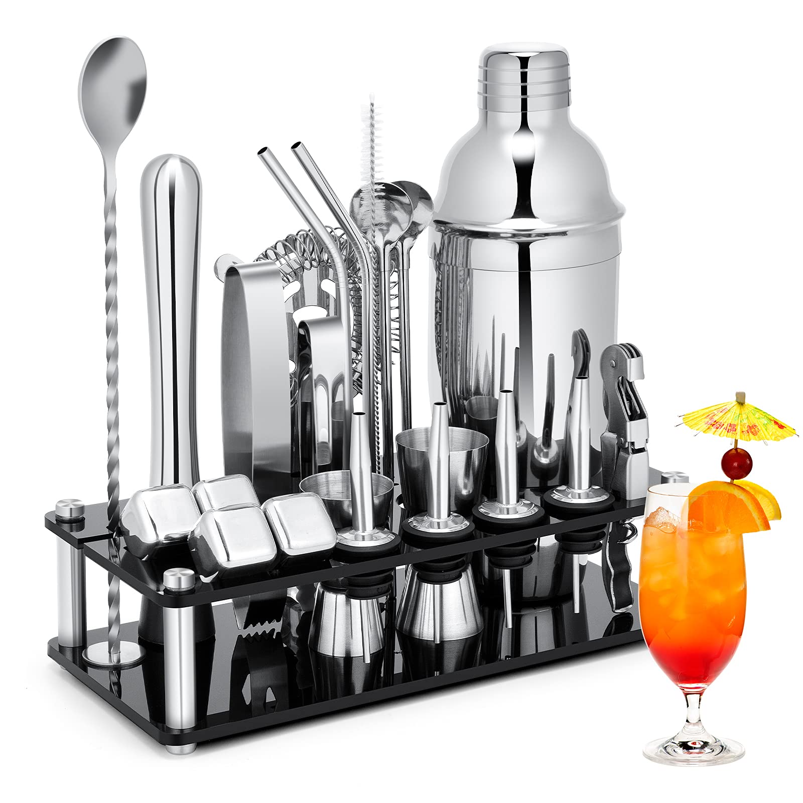Cocktail Shaker Set, 23-Piece Stainless Steel Bartender Kit with Acrylic Stand & Cocktail Recipes Booklet, Professional Bar Tools for Drink Mixing, Home, Bar, Party (Sliver, 25oz)