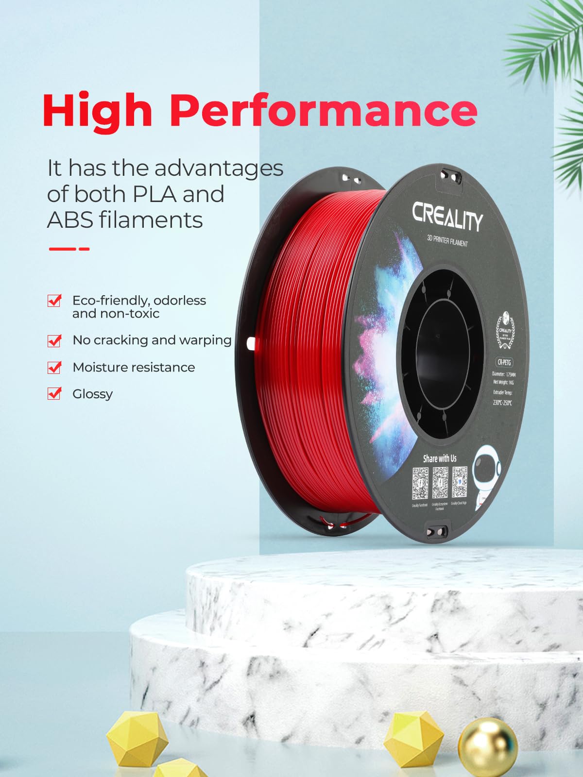 Creality PETG 3D Printing Filament 1.75mm, Excellent Toughness High Precision, Odorless Non-Toxic Moistureproof, 1kg(2.2lbs) Glossy PETG Filament for 3D Printer (Transparent)
