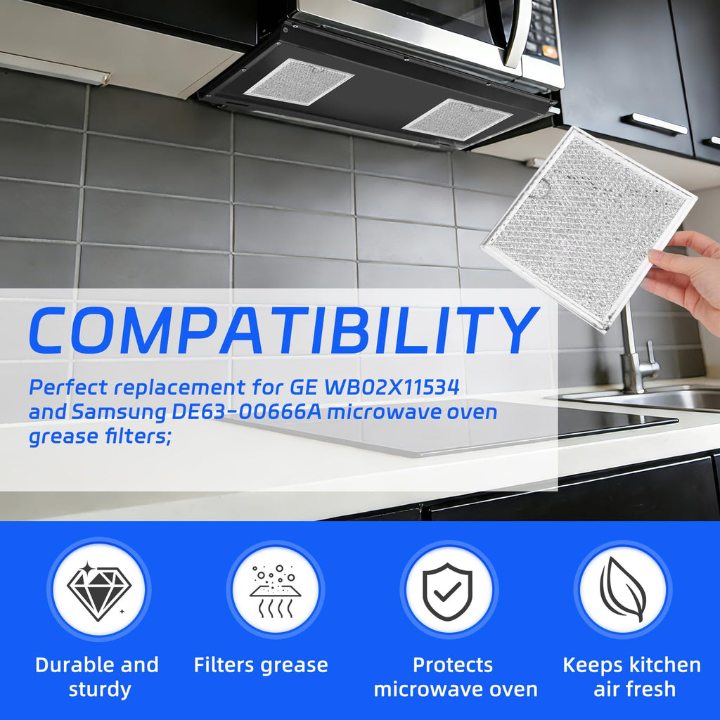 2pcs Microwave Grease Filter Replacement, 6-3/8"x6-3/4"(17.2x16.2cm) Vent Filter Compatible with GE WB02X11534 & Samsung DE63-00666A for Kitchen Ventilation Over the Range Hood Fan Oven Parts