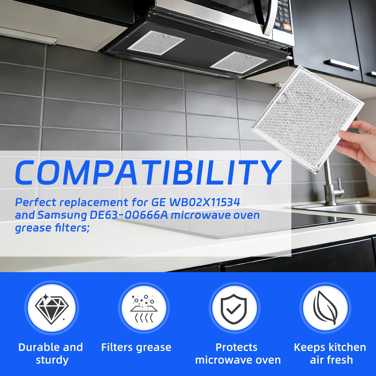 2pcs Microwave Grease Filter Replacement, 6-3/8"x6-3/4"(17.2x16.2cm) Vent Filter Compatible with GE WB02X11534 & Samsung DE63-00666A for Kitchen Ventilation Over the Range Hood Fan Oven Parts