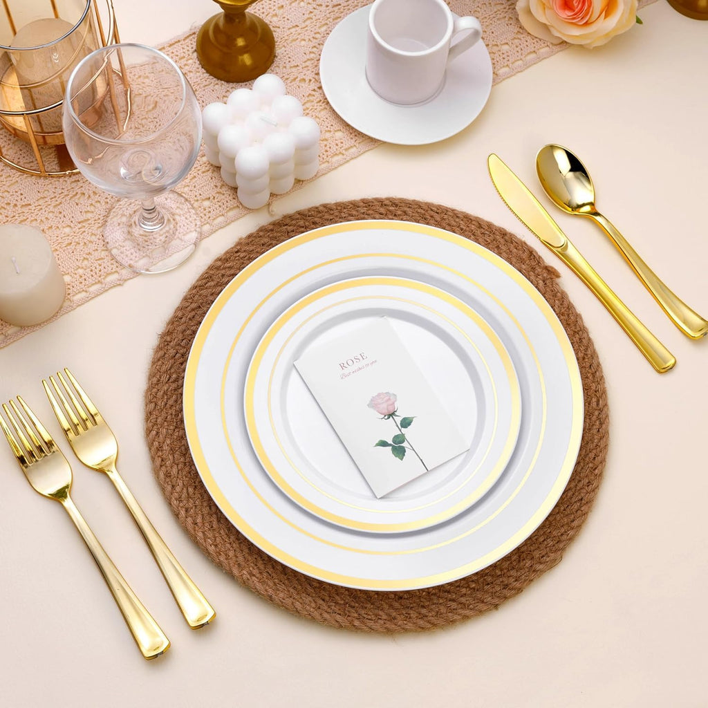 Goodluck 50PCS Gold Plastic Plates, 10.25 Inch Disposable Dinner Plate Party with Gold Rim, Heavy Duty Disposable Plastic Plates for Party, Wedding and Birthday