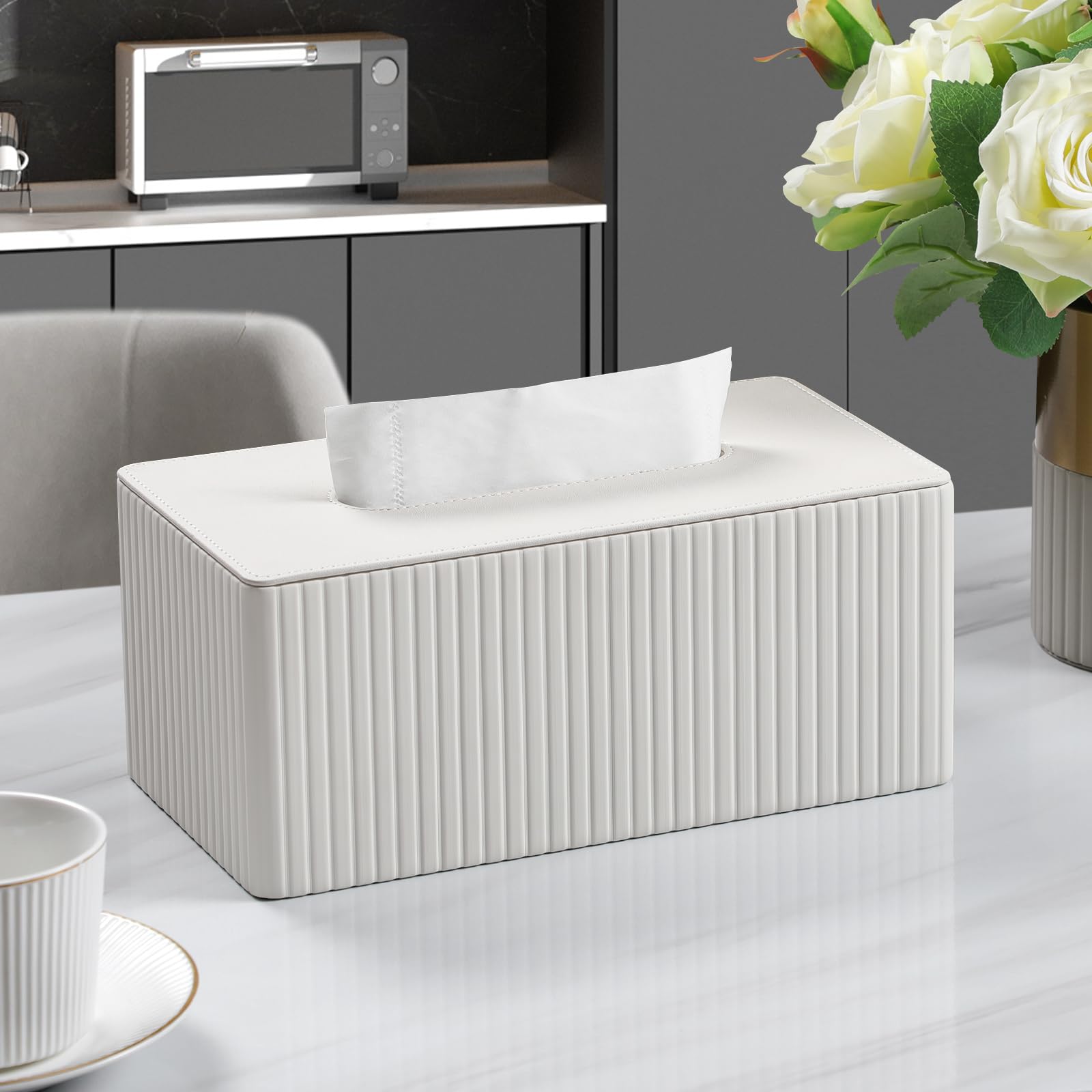 MEIBOOCH Tissue Box Cover Stylish PU Leather Rectangular Tissue Box Holder with Magnetic Bottom Cover for Bathroom Bedroom or Office (Ivory)