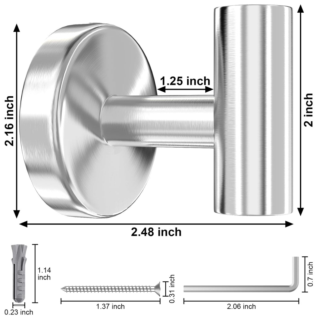 stusgo 6 Packs Silver Towel Hook for Bathroom Wall, Drilling Coat Towel Holder, Matte Silver Finish Robe Hooks, Stainless Steel Towel Hooks for Hanging, Bathroom Hooks Drilling