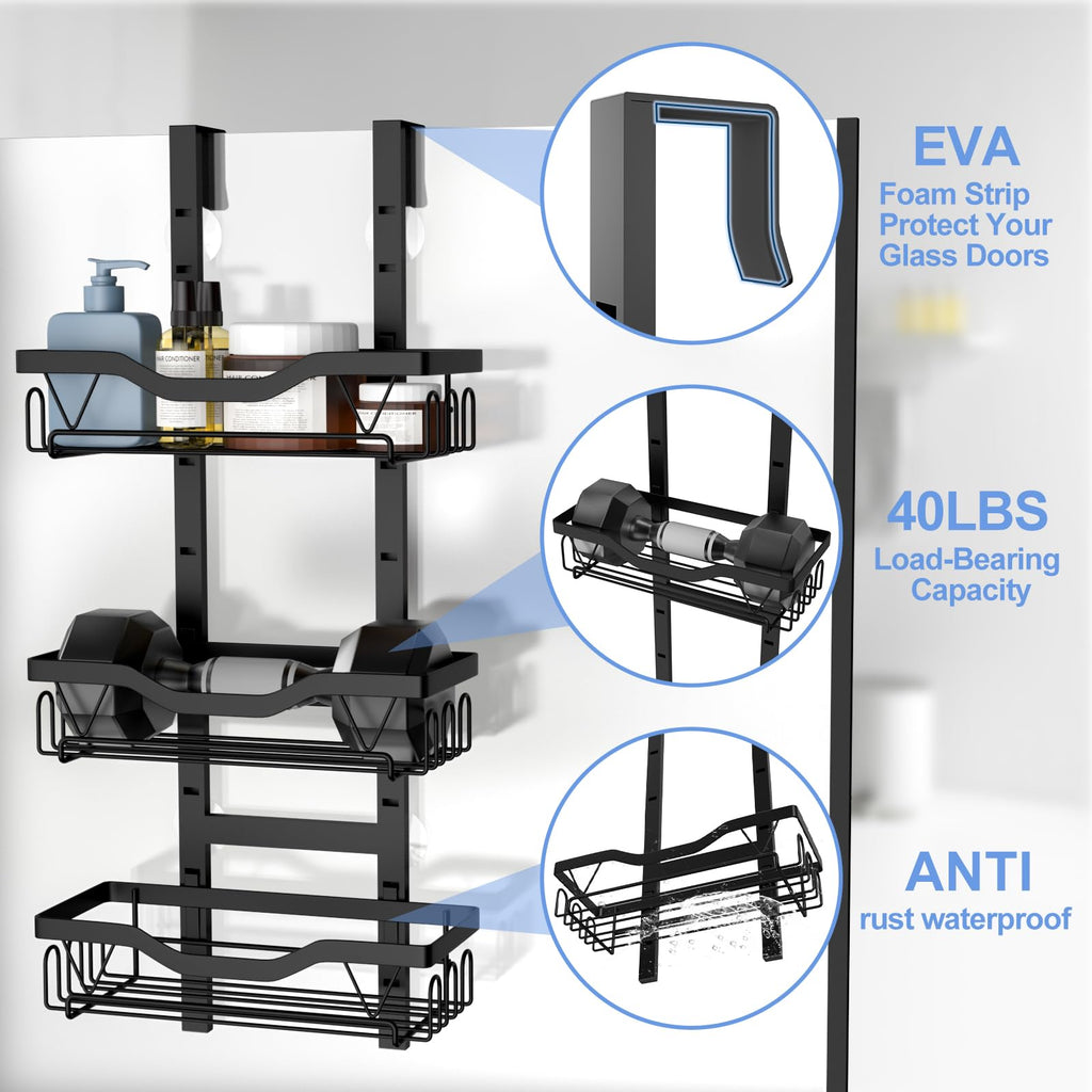 LOOBOV Shower Caddy Hanging, Over Glass Door Shower Shelf, 3-Tier Bathroom Organizer/Rack No Drilling (Black)