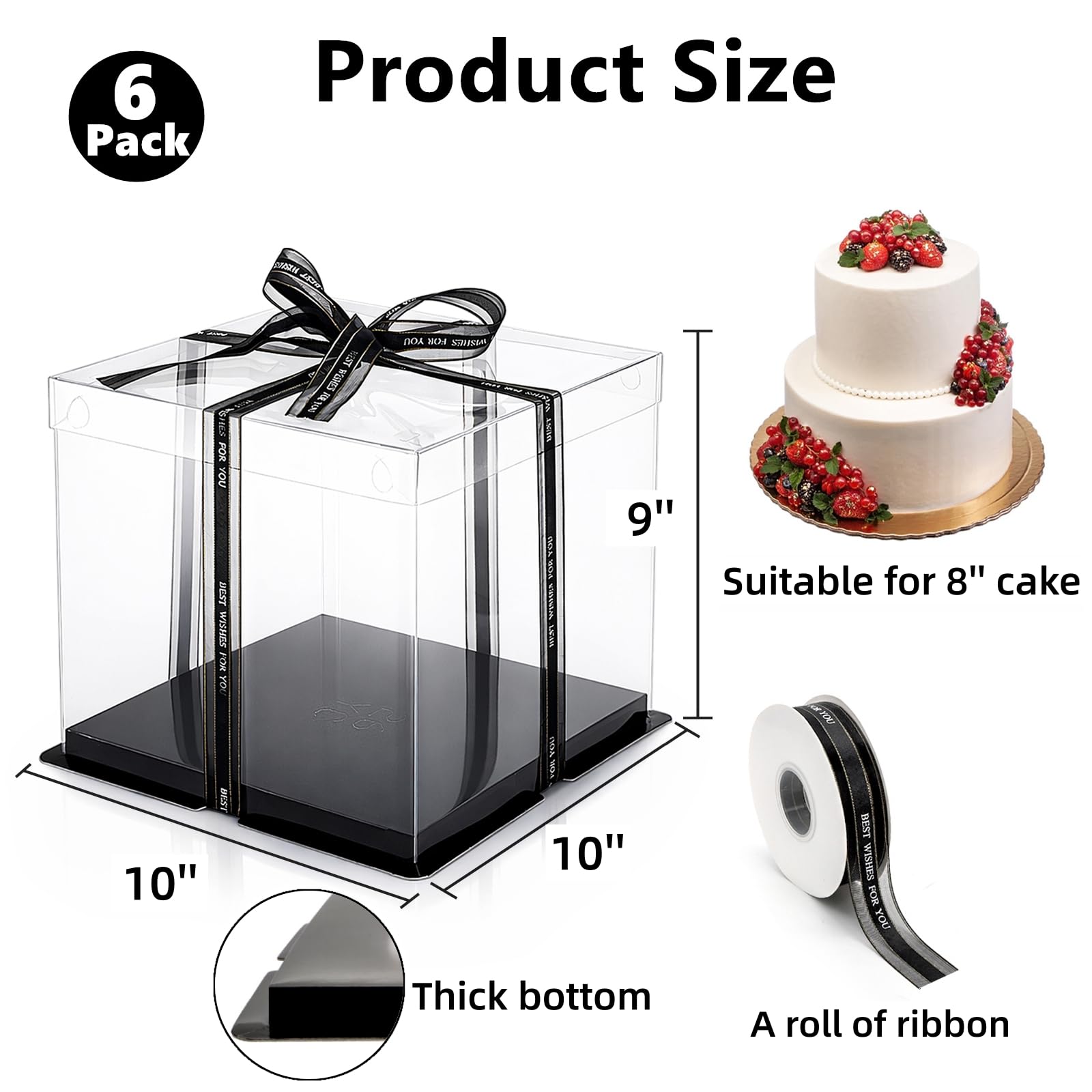 Cididu 6 Pack Clear Cake Box with Ribbon, 2-Layer Tall Cake Carrier Boxes, Packaging Boxes 10x10x9 Inch, PET Clear Gift Box with Lid, Transparent Cake Containers for Birthday Party Wedding
