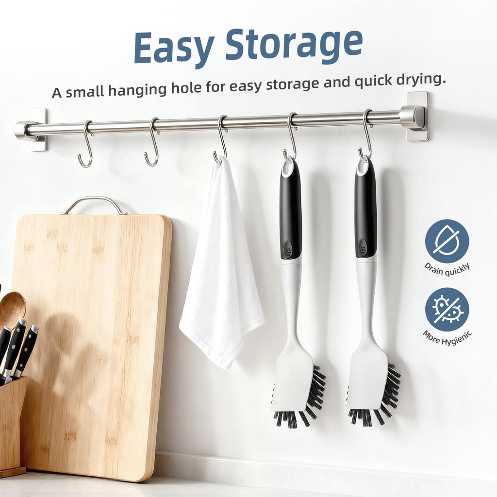 Cleangor Dish Scrub Brush, 2 Pack Stiff Bristles Cleaning Scrubber Brushes with Non Slip Handle Built-in Scraper, Kitchen Dish Brushes for Cleaning Pans, Pots, Stoves, Sink