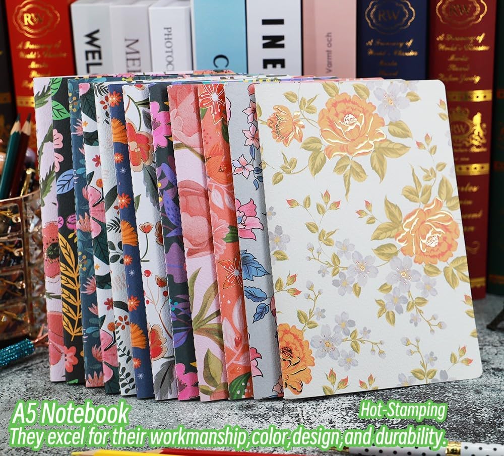 Pack of Journals for Writing A5 Travelers Notebook Bulk Set - 12 Pack with 60 Lined Pages, 30 Sheets, and Embossed Cover in Floral Bliss Pattern (5.75 x 8.35 Inches)