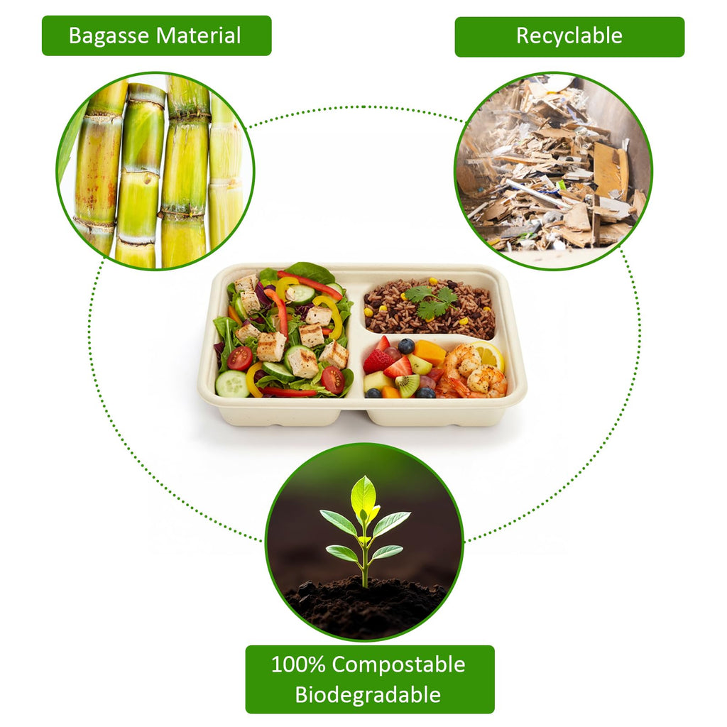 Yesland 100 Pack Compostable Paper Plates, Natural Sugarcane 3 Compartment Plate, Heavy Duty Lunch Tray, Disposable Divided Sectional Trays, Microwave Freezer Safe for Party School