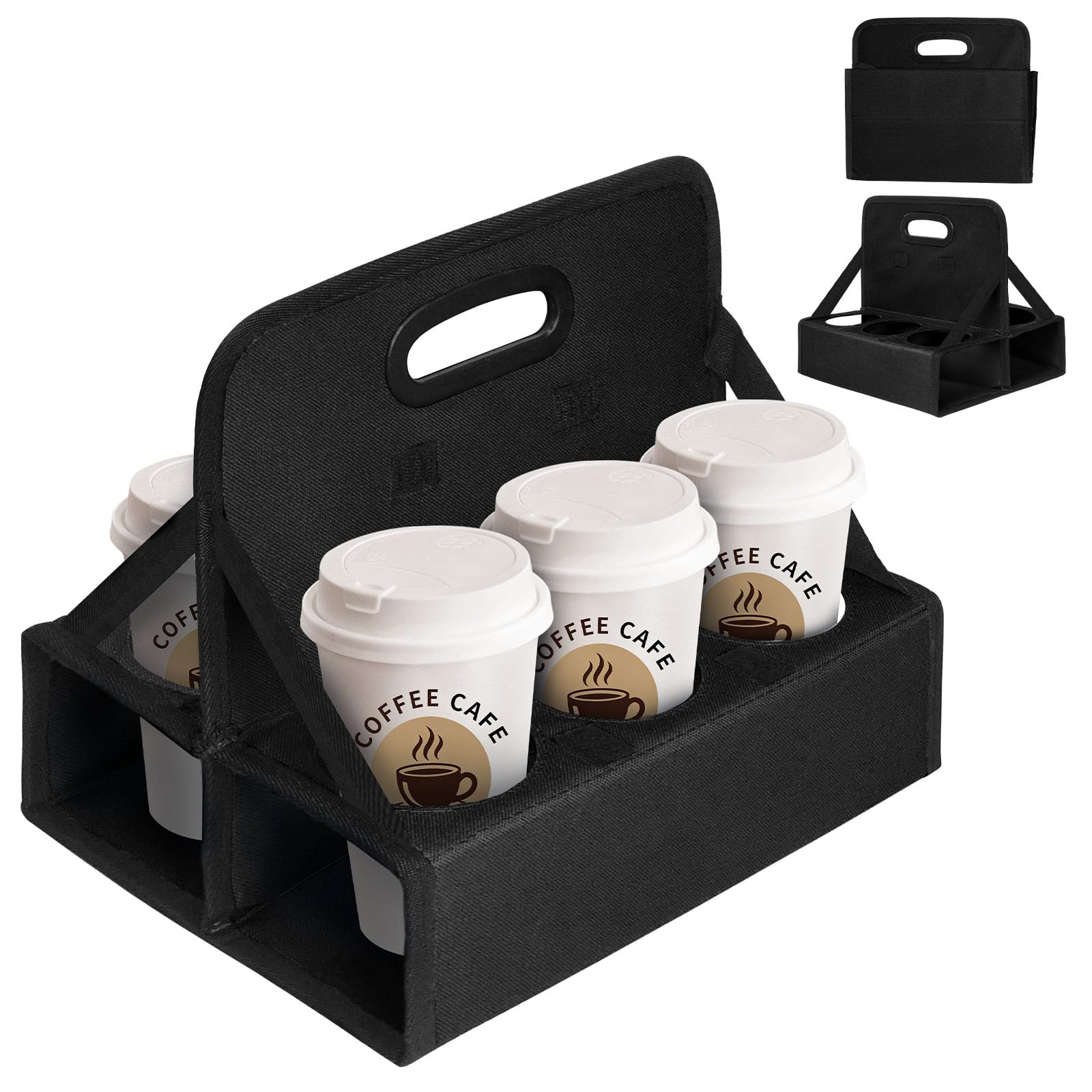 BOHEMIABY Drink Carrier with Handle Reusable, 6 Cup Portable Drink Carrier, Foldable Cup Coffee Carrier, Carry Cocktails、Safely Secures Hot and Cold Beverages-for Delivery and Take Out (Black)