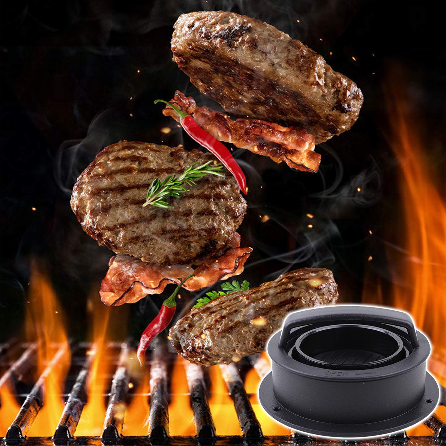 Burger Press, Different Size Hamburger Patty Molds, 3 in 1 Hamburger Patty Maker, Works Best for Stuffed Burgers, Sliders, Regular Beef Burger, Non Stick Kitchen Barbecue Tool Grilling Accessories