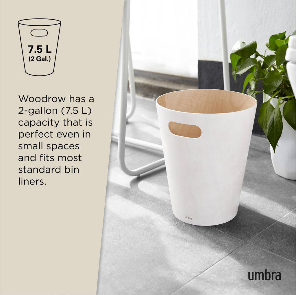 Umbra Woodrow 2-Gallon Modern Wooden Trash Can Wastebasket, Attractive Bin for Garbage or Recycling, Suitable for Home or Office, White/Natural