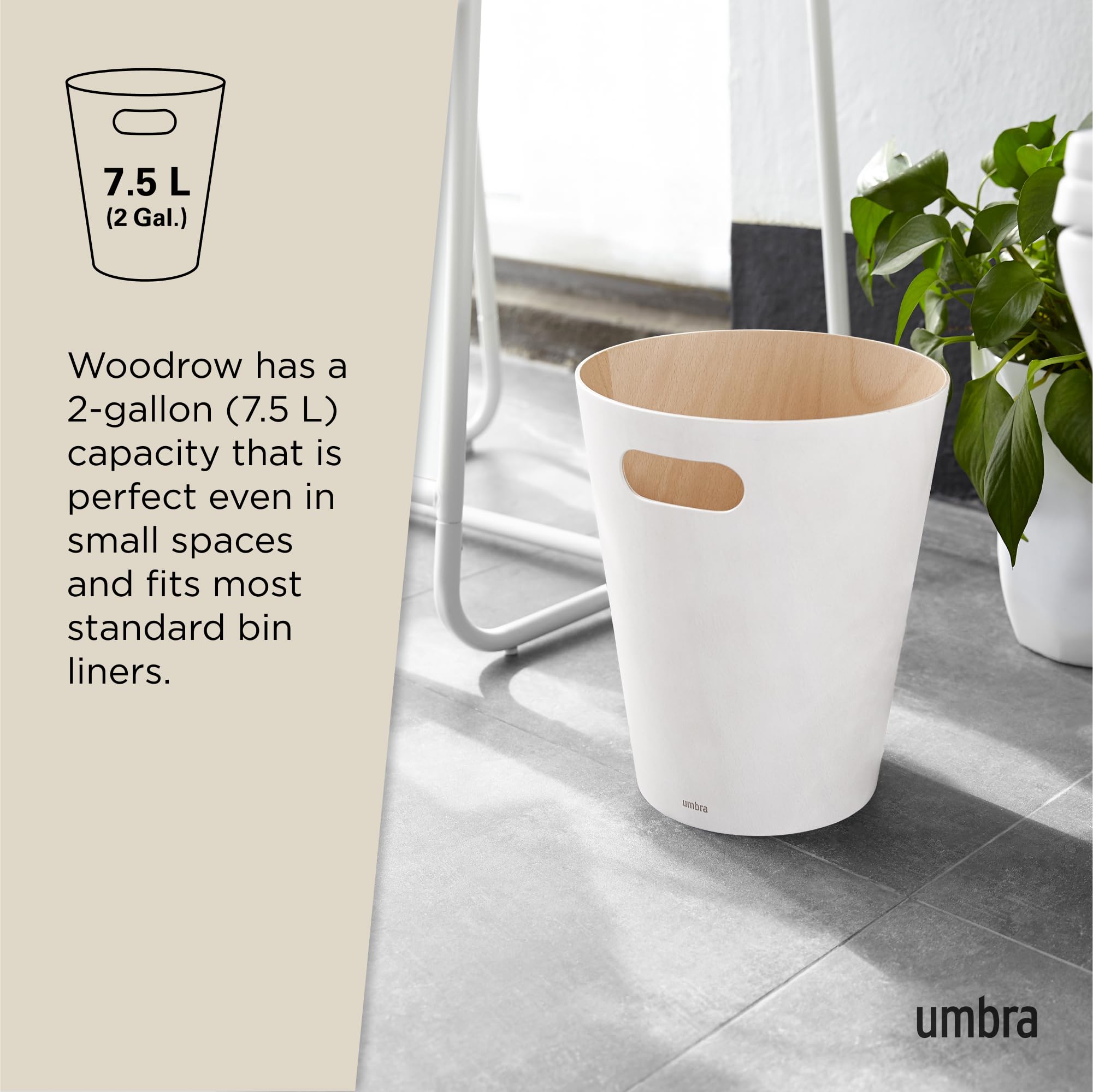 Umbra Woodrow 2-Gallon Modern Wooden Trash Can Wastebasket, Attractive Bin for Garbage or Recycling, Suitable for Home or Office, White/Natural