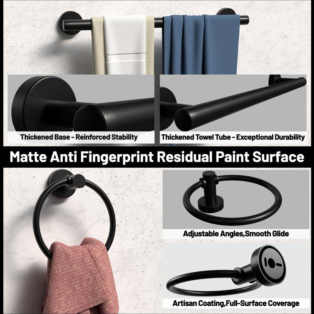 Matte Black Bathroom Accessories 4 Pieces, 16 Inch Stainless Steel Towel Bar Set, Towel Bar, Towel Ring Holder, Toilet Paper Holder, Wall Hook, Black Bathroom Towel Rack Set