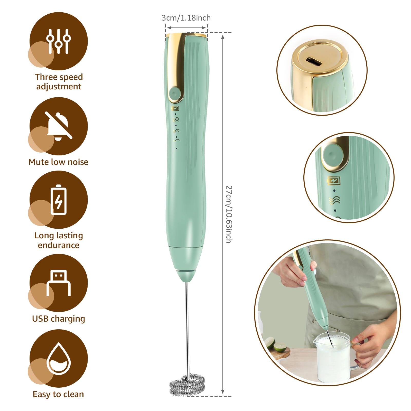 Abizarch Powerful Handheld Milk Frother, Whisk Drink Mixer, Rechargeable Electric Foam Maker, Coffee Frother, Hand Blender, for Latte Cappuccino, Frappe, Matcha Maker