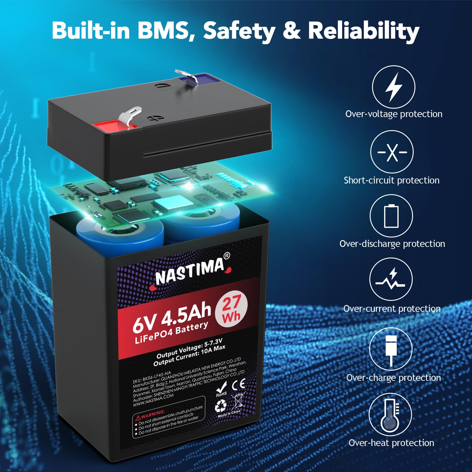 NASTIMA 6V 4.5Ah Rechargeable Lithium Iron Phosphate Battery, 2000+ Cycles LiFePO4 Battery Pack for Emergency Light, Lantern, Kids Ride On Car, Deer Game Feeder