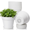 T4U 5 Inch Plant Pots 8 Pack, Plastic Planters with Drainage and Saucers, DIY Beginner Plant Kit for Indoor Gardening, Flower Pots for Repotting Pothos, Herbs and Spider Plants(White)