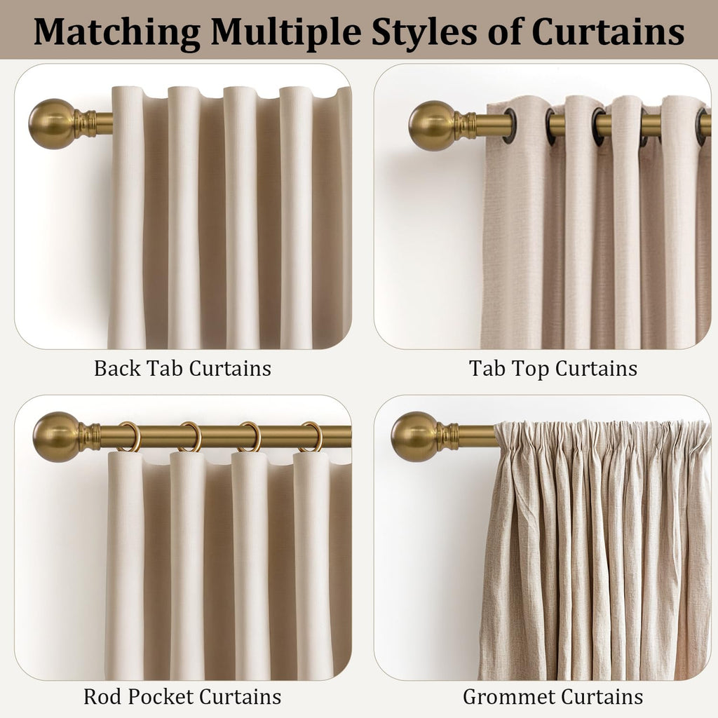 Warm Gold Curtain Rods for Windows 48 to 84 Inch 1" Diameter Adjustable Heavy Duty Brass Window Curtain Rod with Metal Finials for Living Room Bedroom Farmhouse Kitchen Outdoor