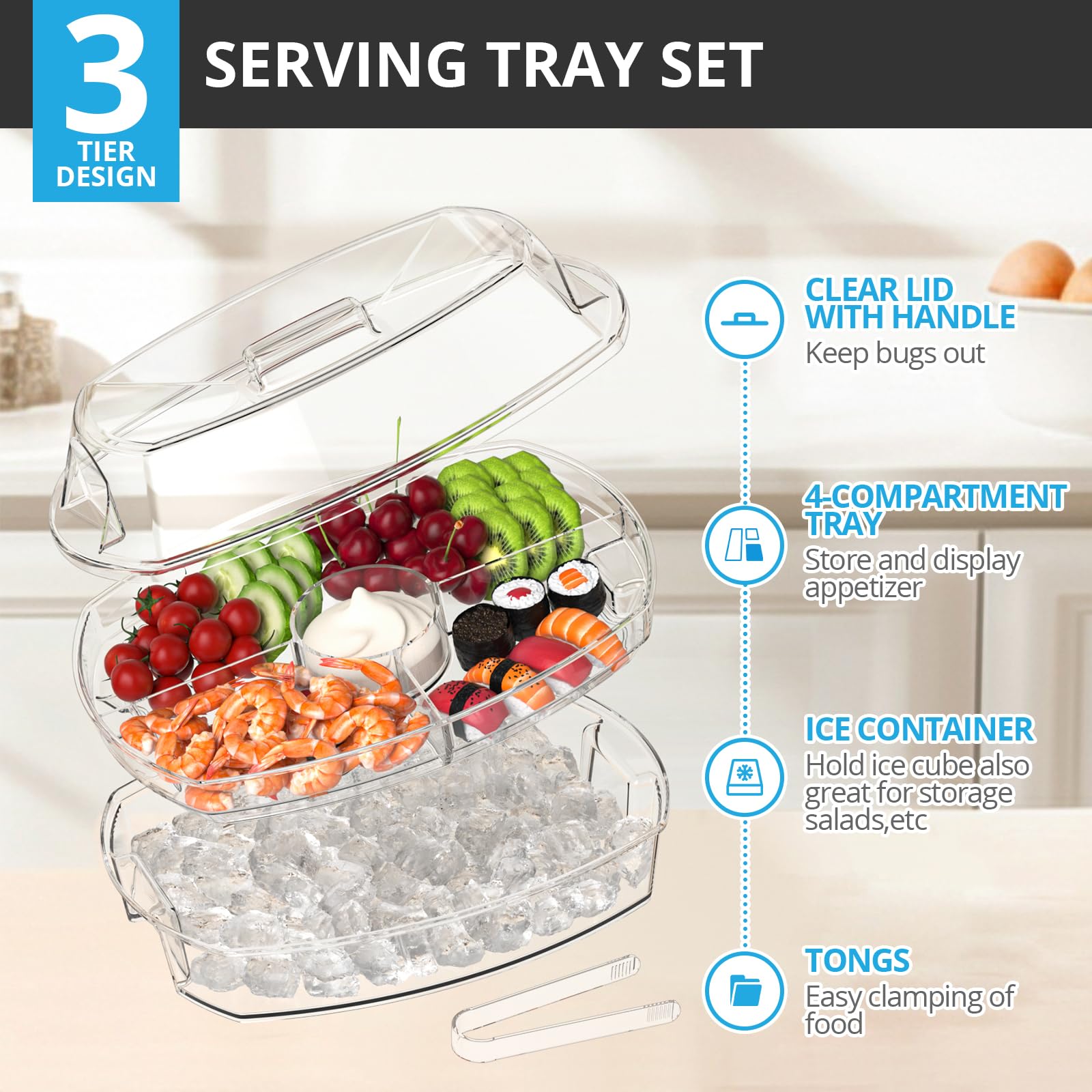 Tangyinus Ice Chilled Party Platter - 15'' Divided Serving Tray with Lid and 4 Compartments, Clear Fruit Trays for Serving for Party, Ideal Cold Chilled Serving Trays for Parties, Shrimp Cocktail, Etc