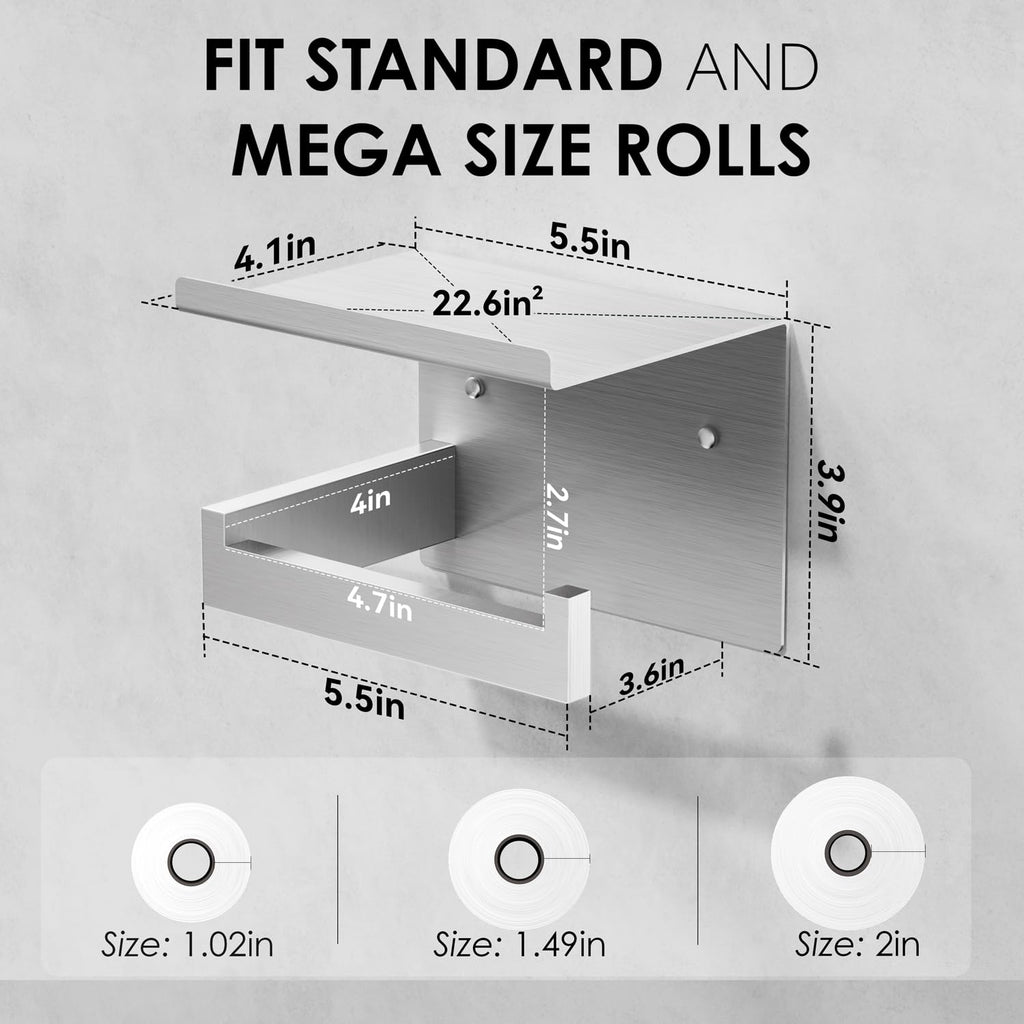 Auxmir Toilet Paper Holder with Shelf, SUS304 Stainless Steel Toilet Paper Roll Holder, Self Adhesive or Screw in Wall Mounted Toilet Tissue Holder for Bathroom Kitchen Washroom RV, Brushed Nickel