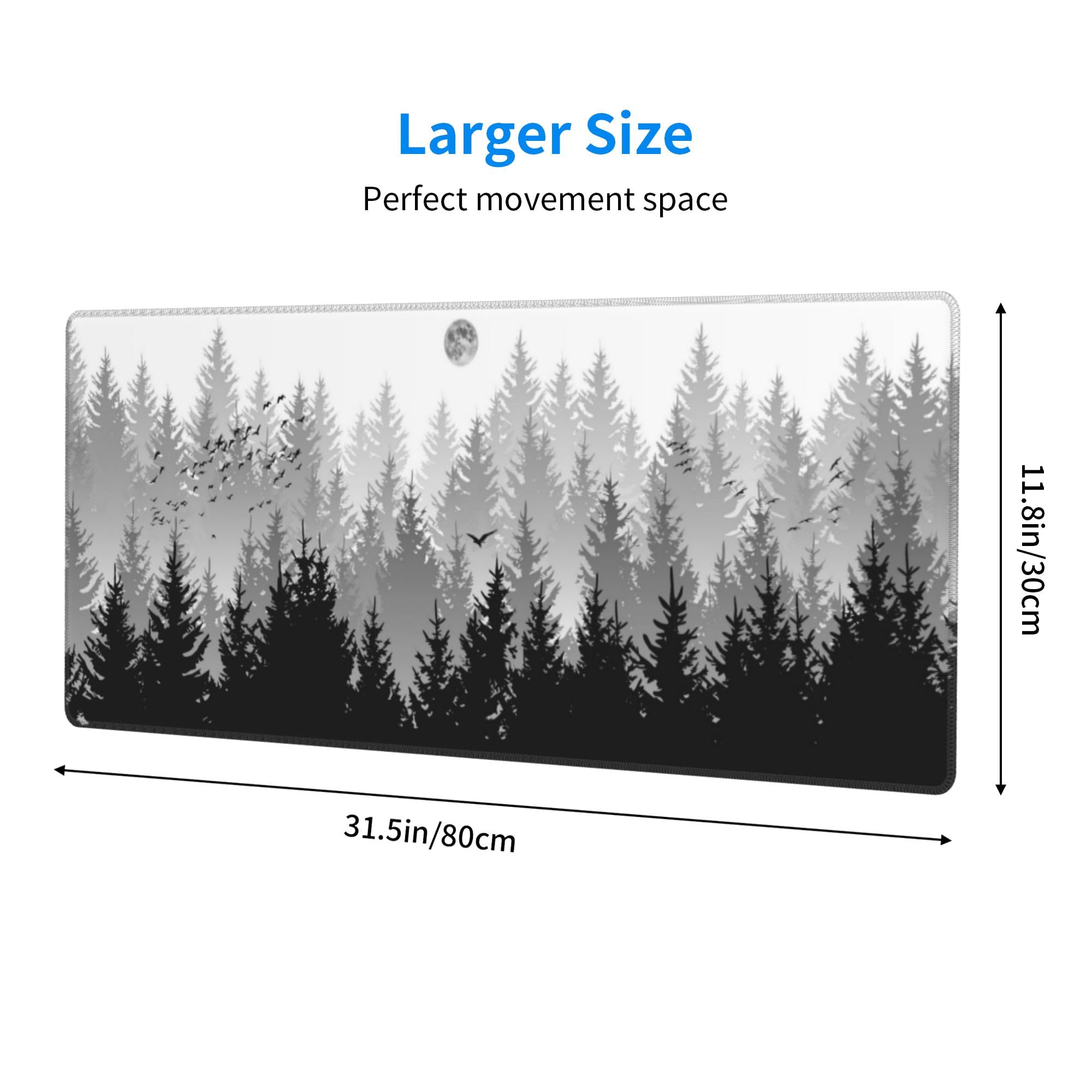 Misty Forest Mouse Pad Large Black Grey White Gaming Mouse Pad XL Extended Long Keyboard and Mouse Desk Mat Big Desk Pad Non-Slip Rubber Base with Stitched Edges Mouse Mat for Gaming and Office