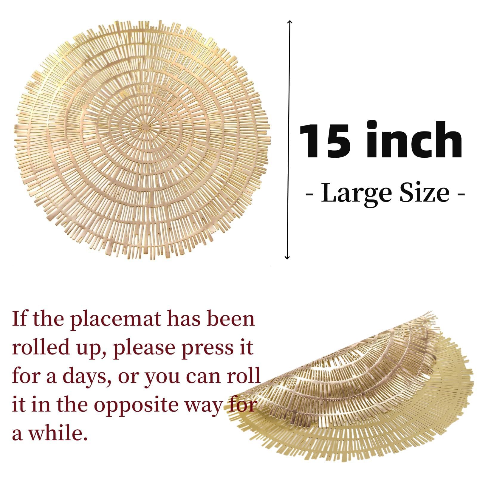 Pumtus 12 Pack 15 Inch Gold Round Placemats, Pressed Vinyl Metallic Place Mat, Non-Slip Hollow Out Dinning Table Mats for Table Decor, Wedding Accent Centerpiece, Christmas, Kitchen Decoration