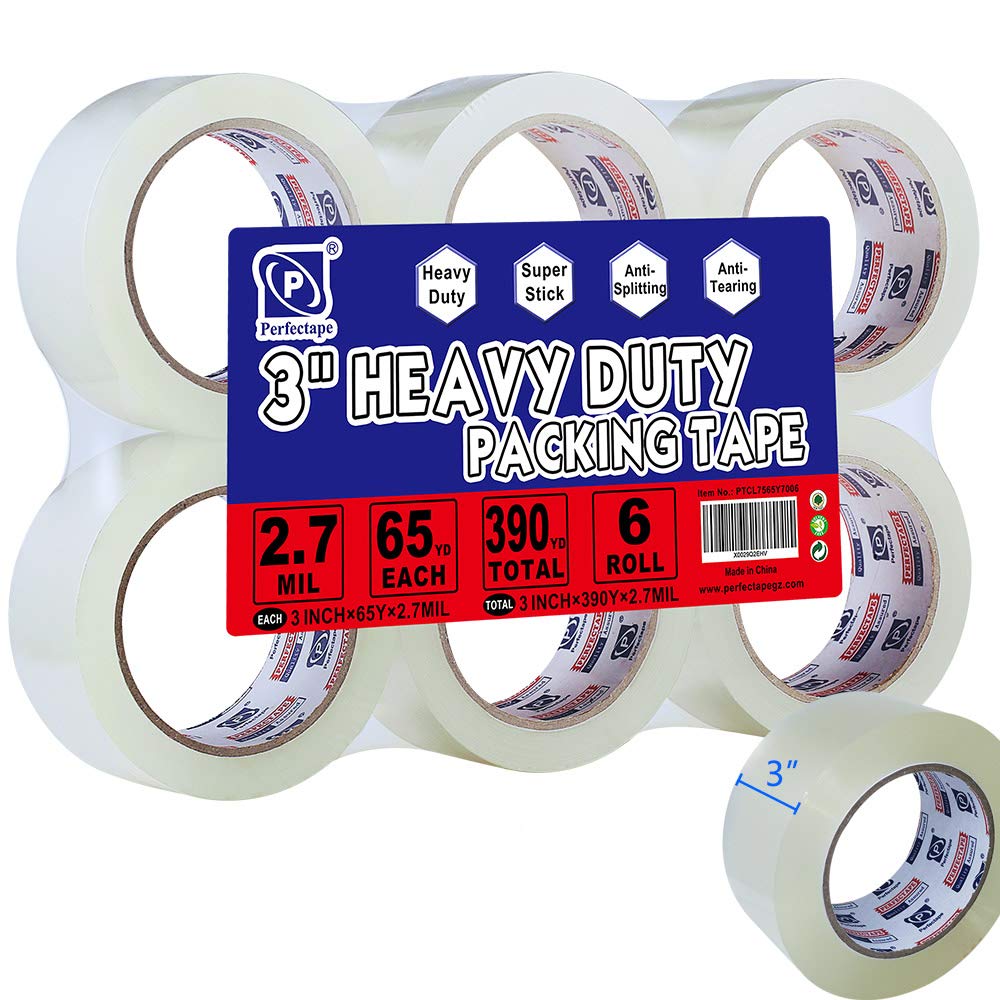 PERFECTAPE 3" Heavy Duty Packing Tape 6 Rolls, Total 390Y, Clear, 2.7 mil, 3 inch x 65 Yards, Ultra Strong, Refill for Packaging and Shipping(3" Width, not 2" Width)