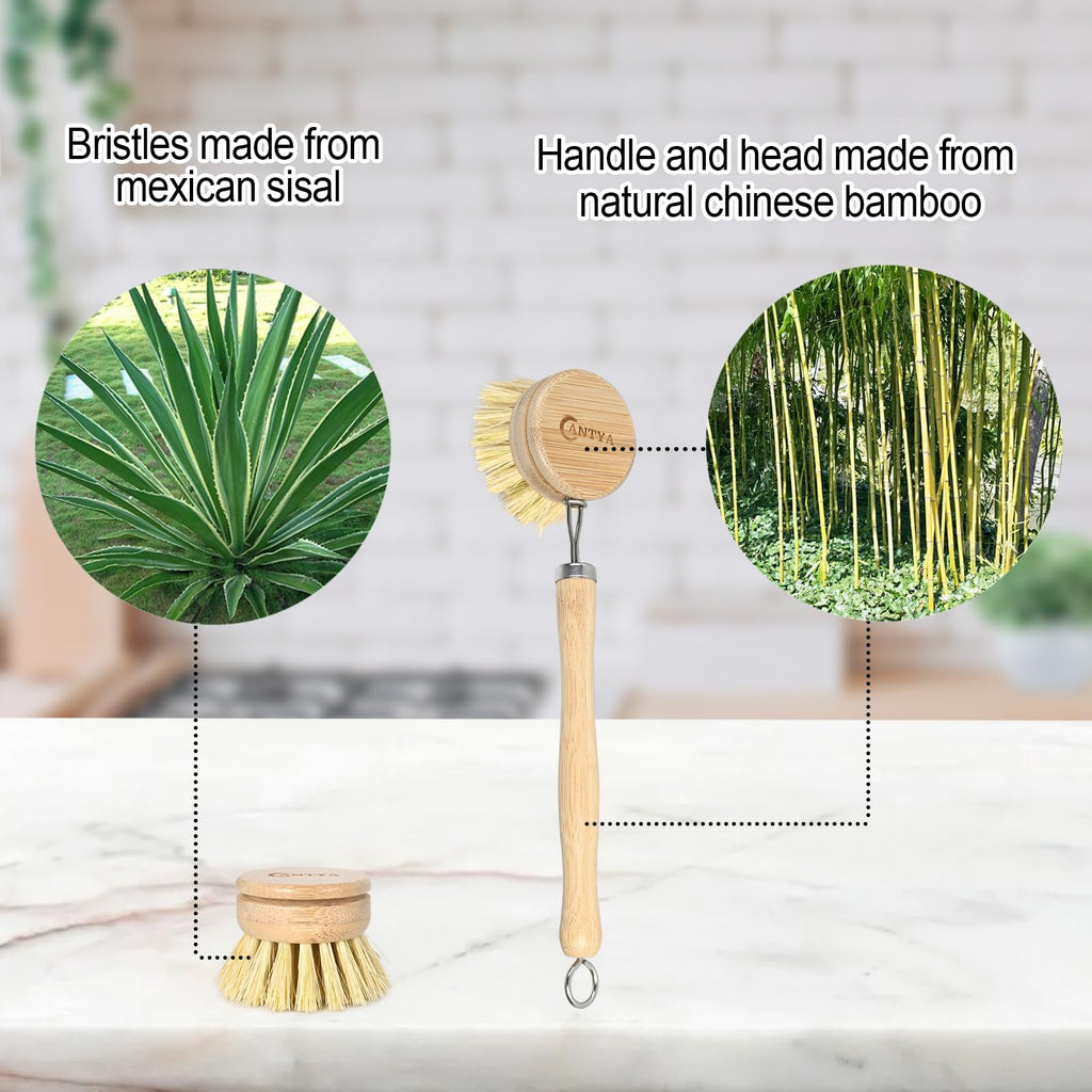 Bamboo Dish Brush with Handle - Soft Bristle, Eco-Friendly Vegetable Brush, Compostable & Sustainable, Bamboo Dish Scrubber for Cleaning Kitchen Utensils