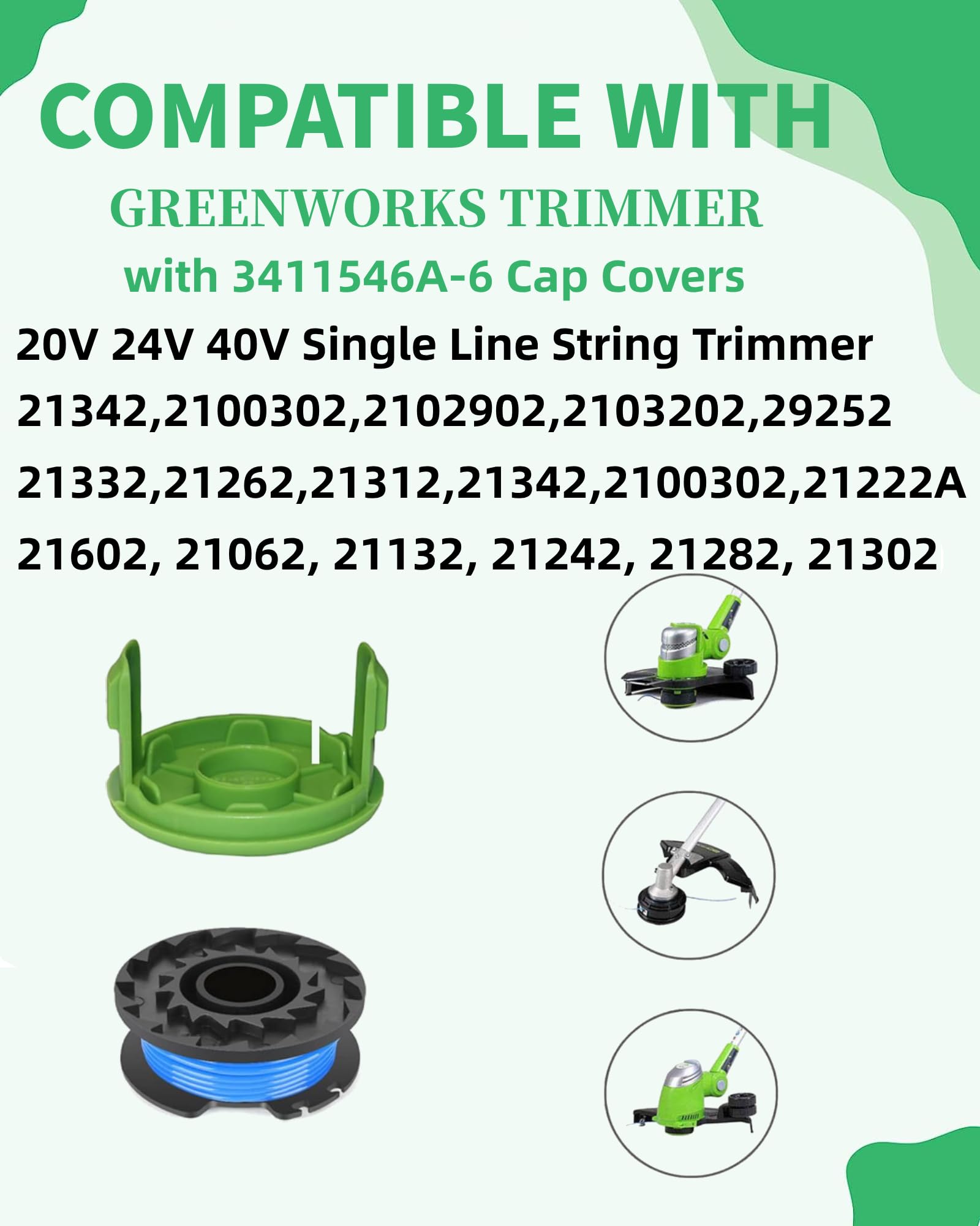 Eyoloty 29092 29252 String Trimmer Line Replacement 16ft 0.065” for Greenworks 21302 21332 21342 20V 24V 40V Single Line String Trimmer with 3411546A-6 Cap Covers Parts Auto-Feed String Edger (6+1)