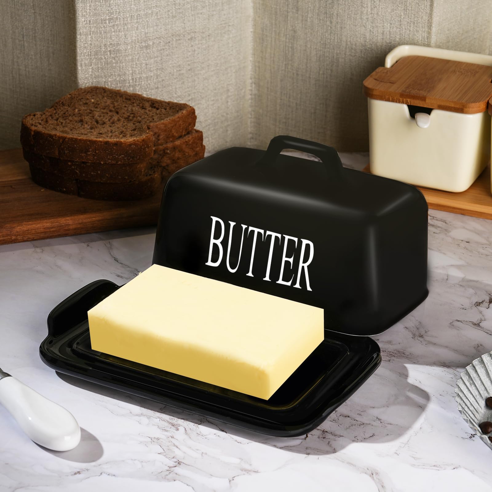 KAIBARE Butter Dish for 1 LB of Canadian Butter, Large Porcelain Butter Keeper with Lid Fit an Entire Pound Brick of Butter, Ceramic Butter Container for Countertop, Butter Storage, Color: Black