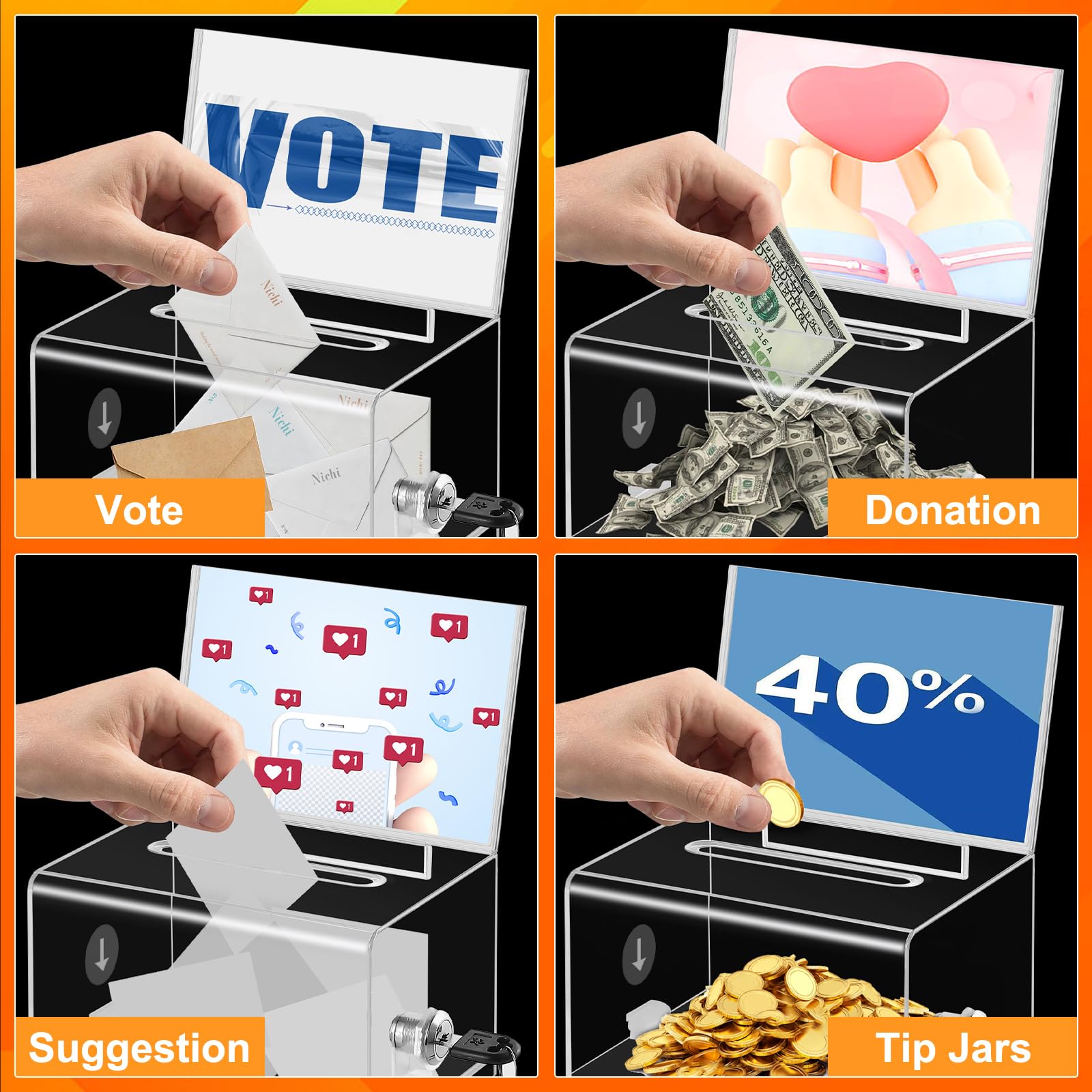 Donation Box with Lock,Suggestion Box with Sign Holder，Clear Ballot Box for Fundraising, Raffle, Tip Jar, School Voting