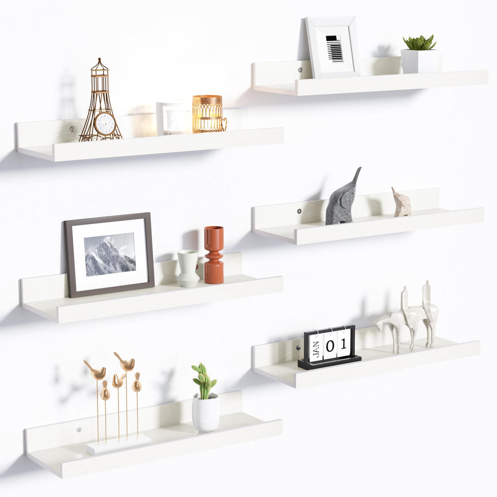 upsimples Floating Shelves for Wall, Decor Storage Set of 6, Wall Mounted Wood Shelves for Bedroom, Living Room, Bathroom, Kitchen, Picture Ledge Shelves, White
