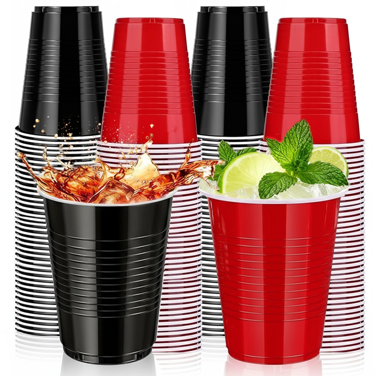 120 Count 18 oz Plastic Cups Black and Red Disposable Cups Heavy Duty Party Cups Beer Drinking Cups Bulk for Birthday Wedding Graduation Picnic Halloween Christmas Celebrations Everyday Use