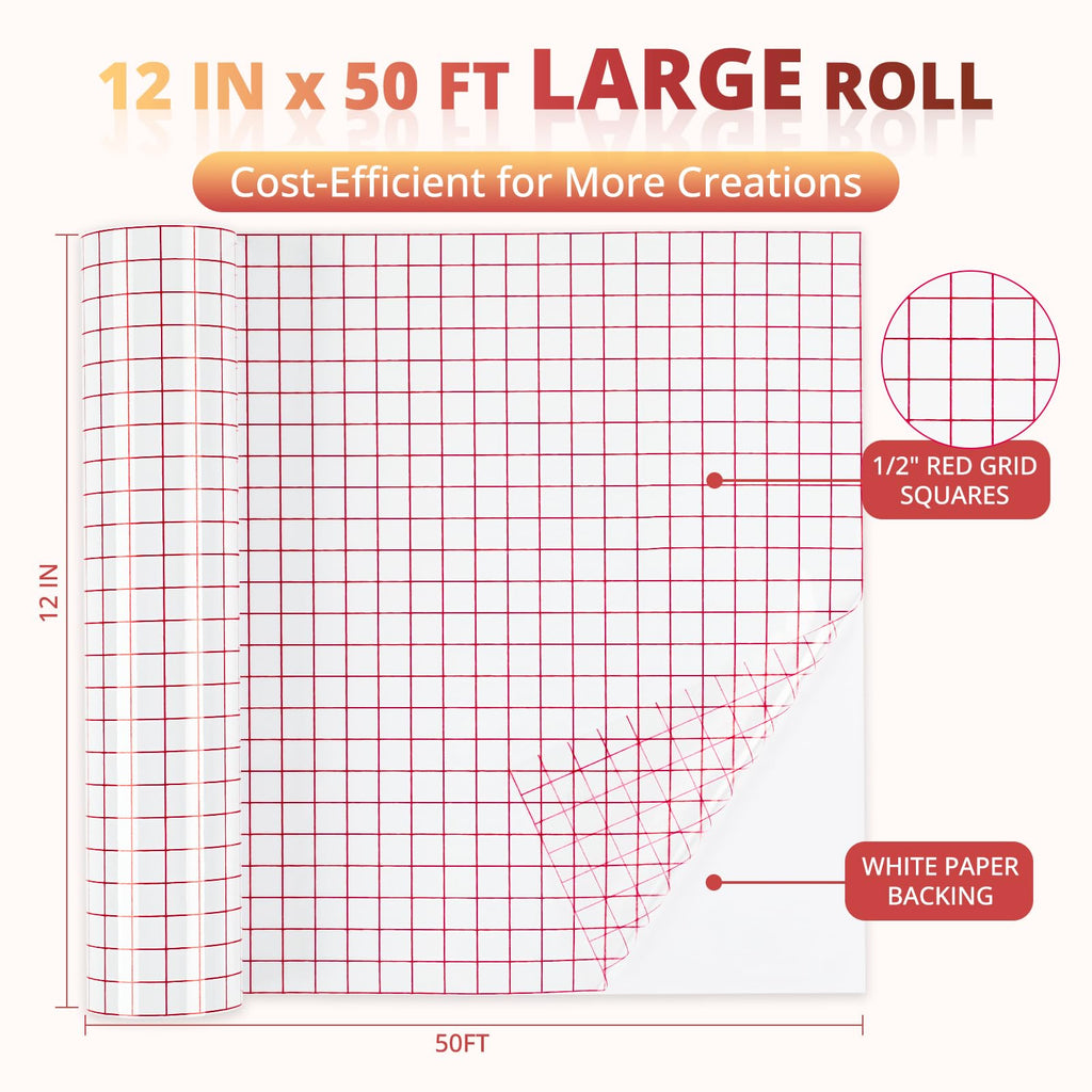 YRYM HT Clear Vinyl Transfer Paper Tape Roll-12 x 50 FT w/Alignment Grid Application Tape for Silhouette Cameo, Adhesive Vinyl for Decals,Signs, Windows, Stickers