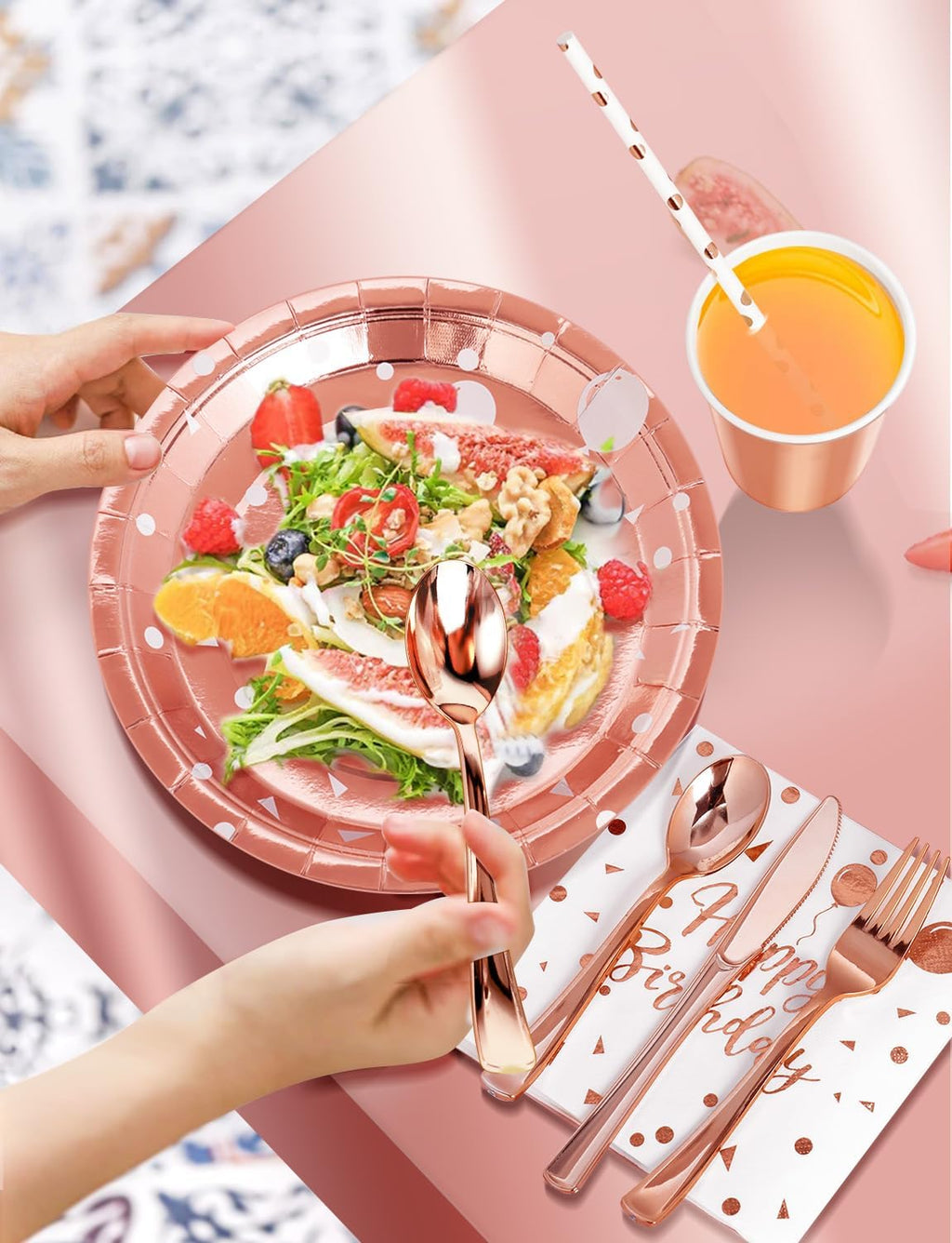 Nkaiso Birthday Party Tableware, 161 Pieces Rose Gold Party Supplies, Party Dinnerware Sets Include Paper Plates Napkins Cups Silverware, for Shower Engagement Parties Decoration -20 Serves