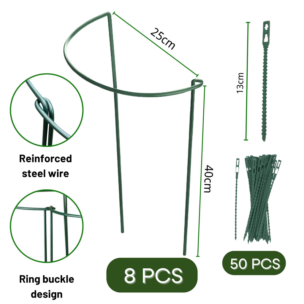 8 Pack Half Round Plant Support for Indoor Outdoor - 15.7", Durable Metal Plant Support Rings with Cuttable Plant Ties to Hold Up Plants Peony, Tomatoes, Hydrangea, Rose