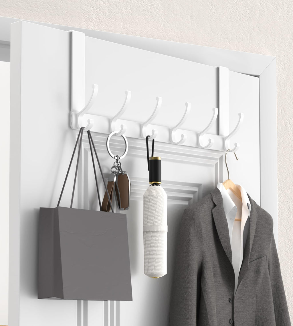 KitchLife Over The Door Hooks, Thickened Double Hanger with 7" Extended Brackets, Fits 1 3/8" Doors, FC, Bathroom Bedroom Towel Rack Organization, 1 Pack Glossy White with 12 Hooks