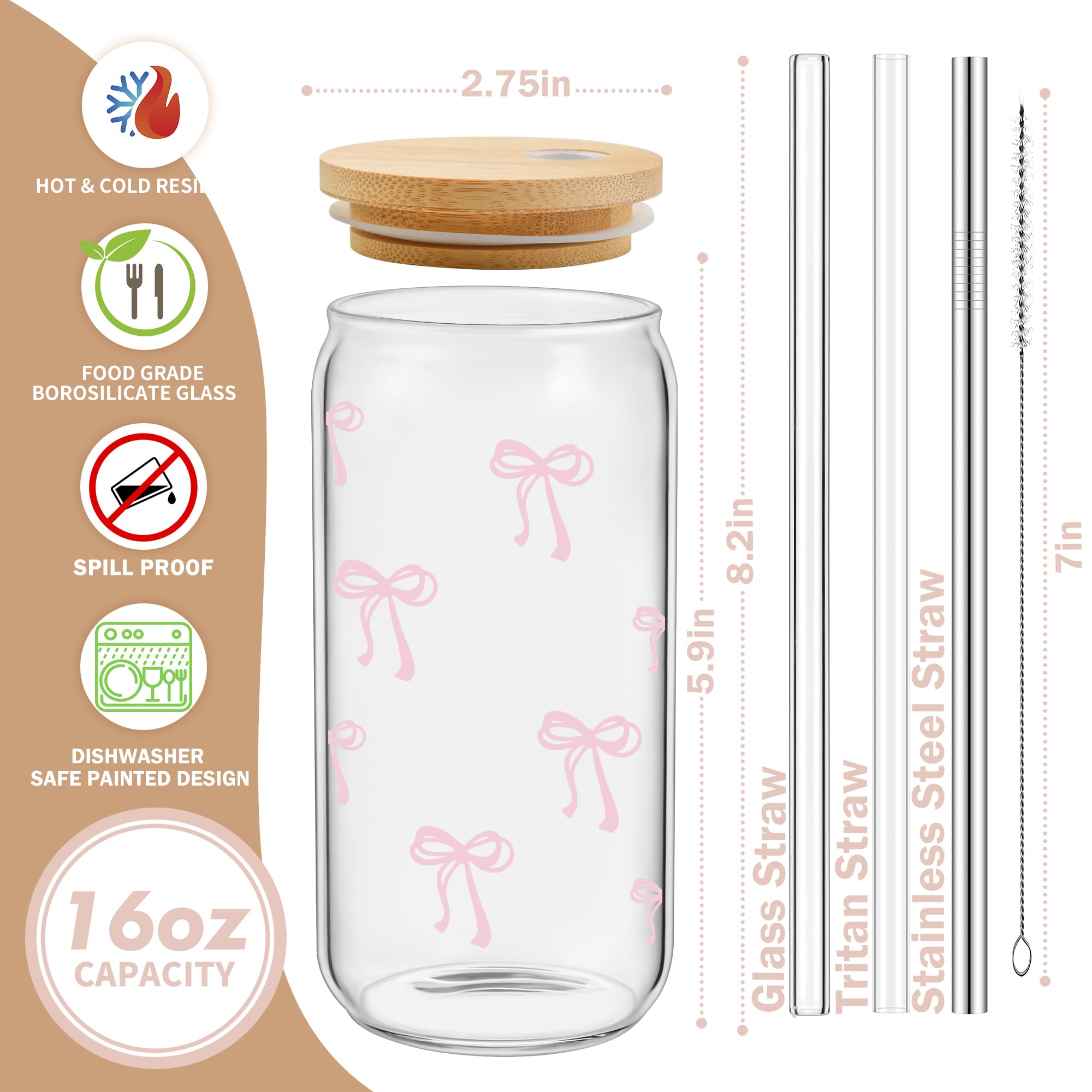 BIPEDS Coquette Cute Pink Bow Glass Cups with Lids and Straws, Aesthetic Iced Coffee Cup, Girly Preppy Design Tumbler Mug, Birthday Valentines Christmas Gifts for Women, Teen Girl Gifts Trendy Stuff