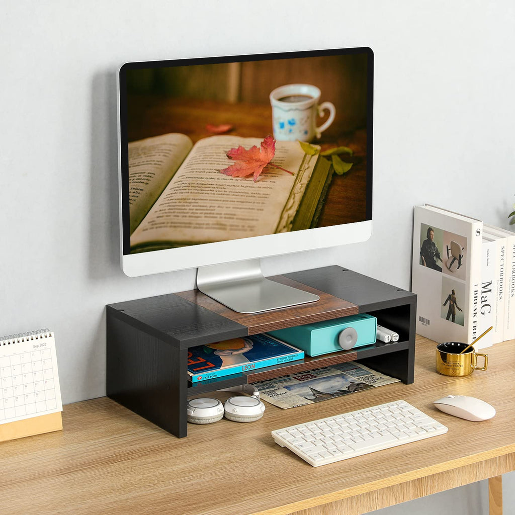 TEAMIX 2 Tiers Desktop Monitor Stand Riser 20 Inch Printer Stand with Storage Small TV Riser Laptop Wooden Desk Organizer Shelf Bookshelf