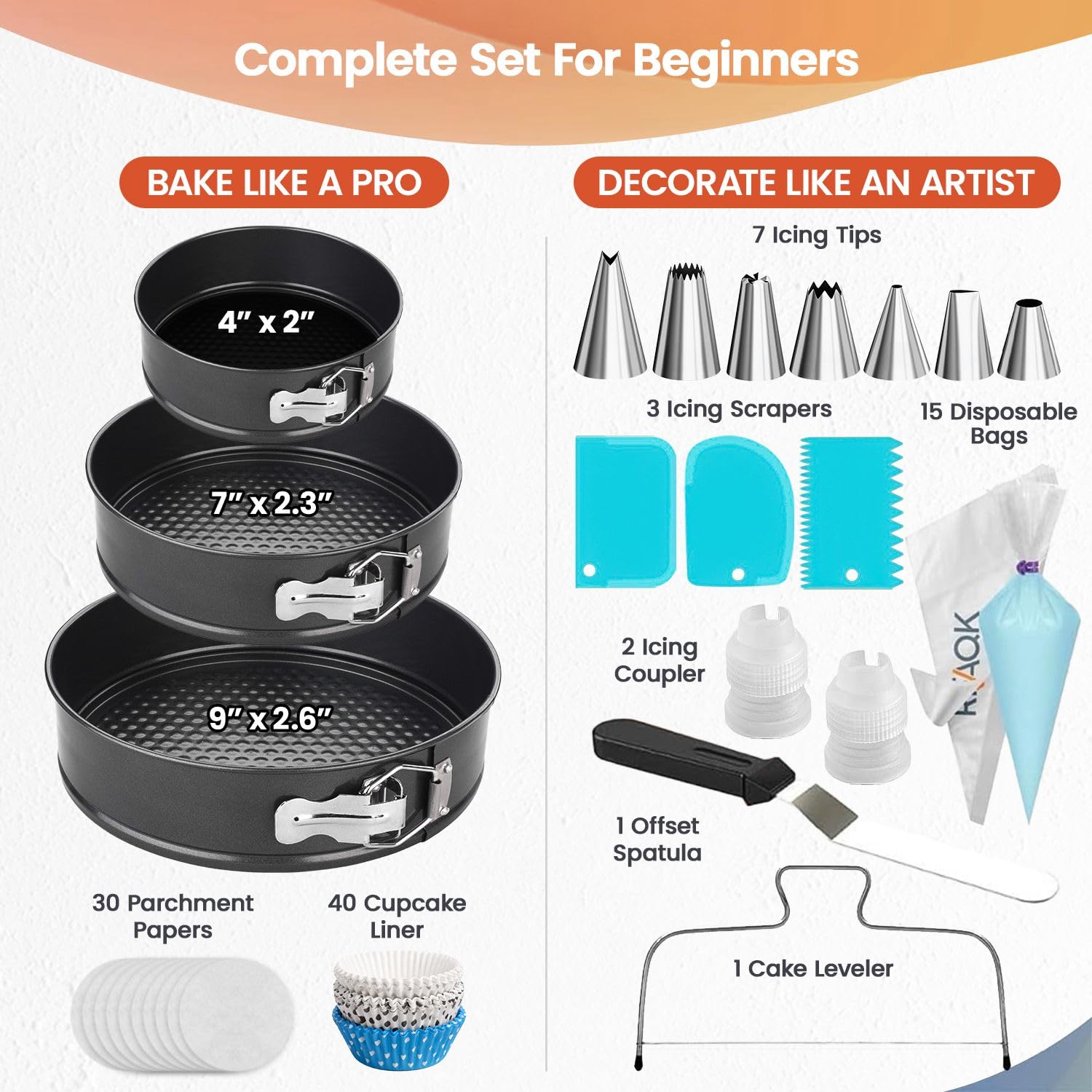 Cake Pans with Baking Supplies | 100 Pcs Springform Pan Set Includes 3 Round Non-Stick Moule a Gateau (4,7,9 inches Baking Pan)-Icing Tips-Leveler–Leak Proof Cheesecake Pan-Baking Set & EBook By RFAQK