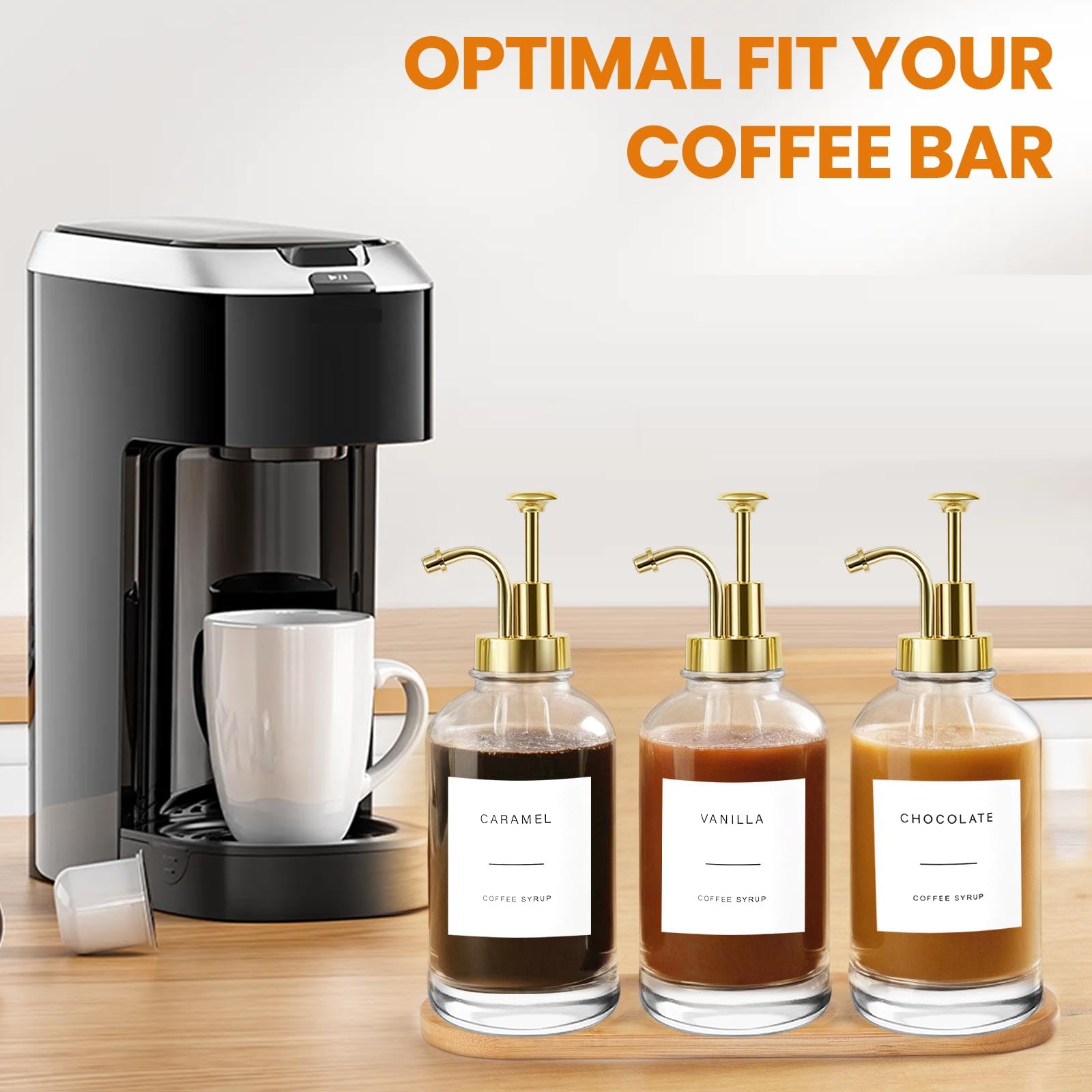 Sunal 3pack Coffee Syrup Dispenser,Gold 16.9 oz/500ml Glass Pump Bottles with Tray,Syrup Dispenser with Funnel&36 Labels for Kitchen&Coffee Bar