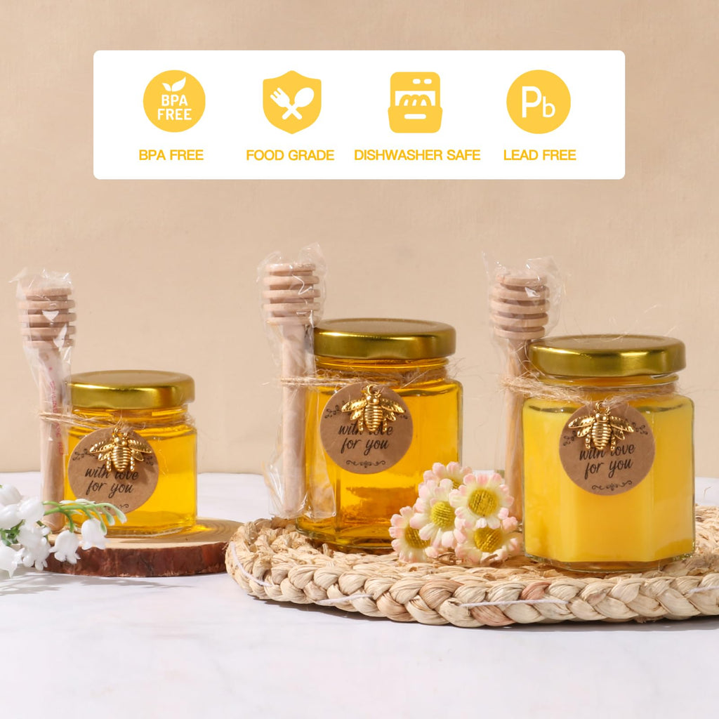 20 Pack 3 oz Mini Honey Jars with Dipper, Glass Hexagon Honey Jar for Wedding Favors, Empty Glass Jars for Party Favor