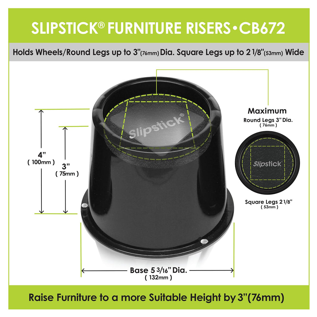 Slipstick 3 Inch (76mm) Bed Risers/Furniture Raisers with Steel Reinforced Holder Top, Lifts Height 3" (4 Pack) Supports 2,640 Pounds (1,200kg), Black, CB672