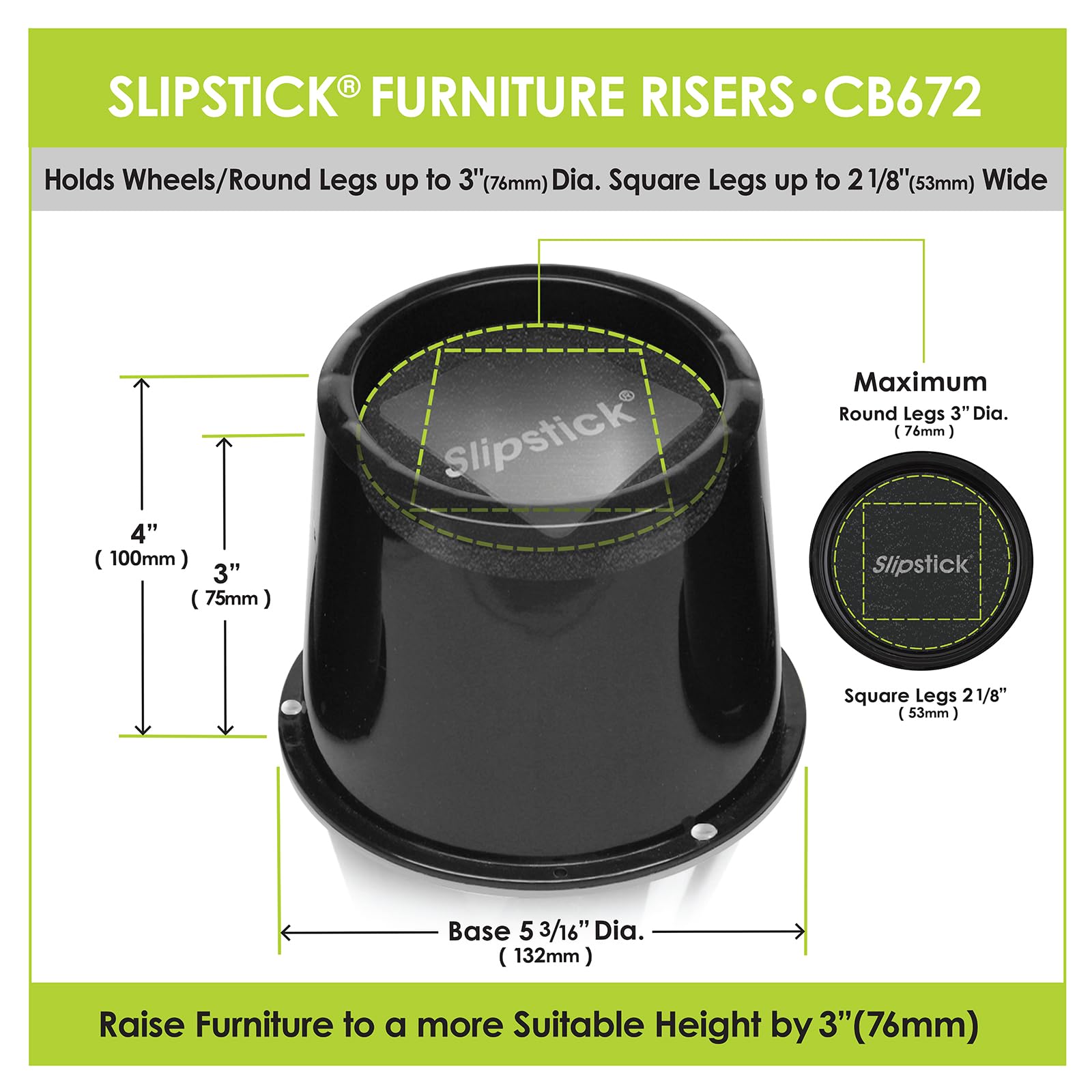 Slipstick 3 Inch (76mm) Bed Risers/Furniture Raisers with Steel Reinforced Holder Top, Lifts Height 3" (4 Pack) Supports 2,640 Pounds (1,200kg), Black, CB672