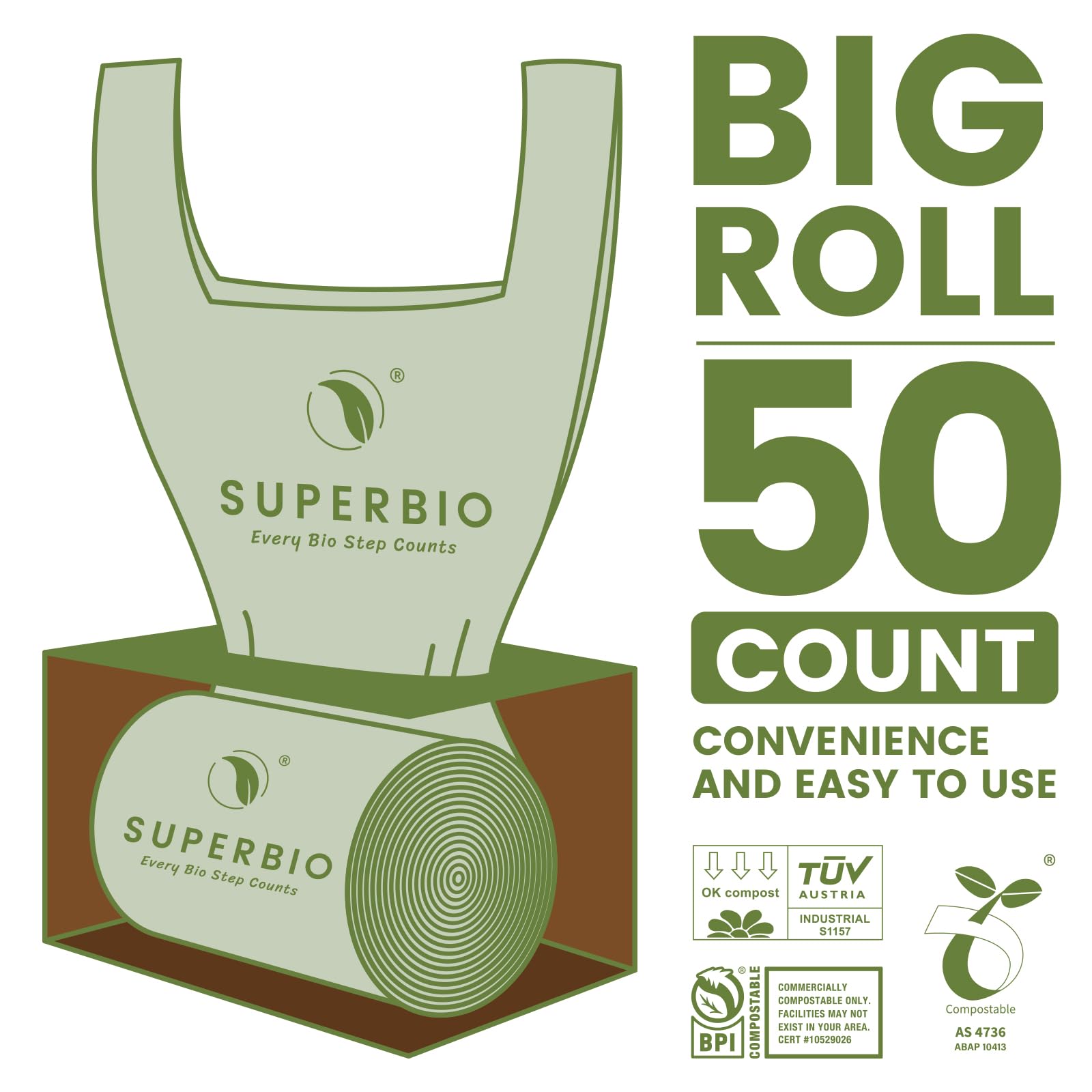 SUPERBIO Compostable Food Scrap Bags, 6L, Small Compost Bags for Counter Top Compost Bin, 50 Count, BPI & OK compost INDUSTRIAL Certified