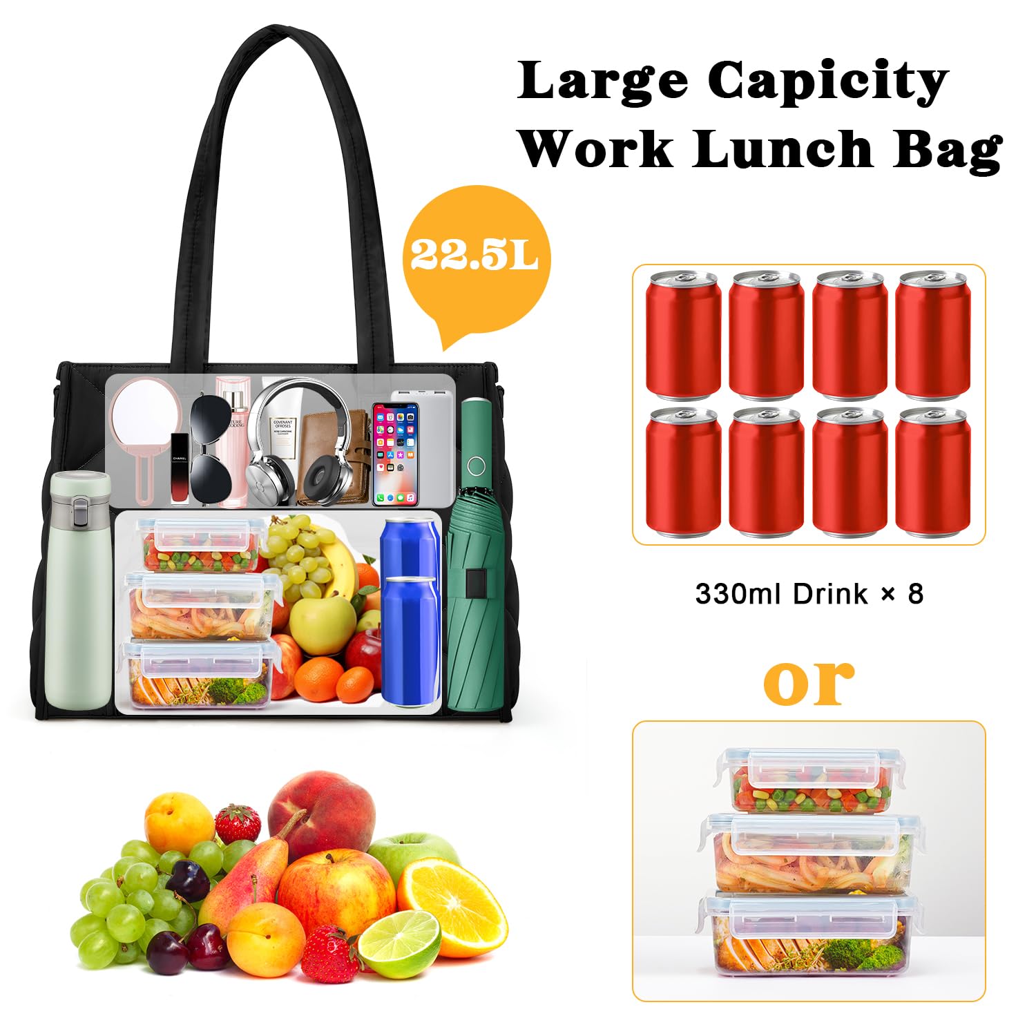 ZOMFELT Lunch Tote Bag for Women, 15.6 Inch Puffer Laptop Lunch Bag, Quilted Large Work Tote Bag with Insulated Lunch Compartment, Womens Lunch Bags for Work, Travel, Nurse, Teacher, Camping, Black