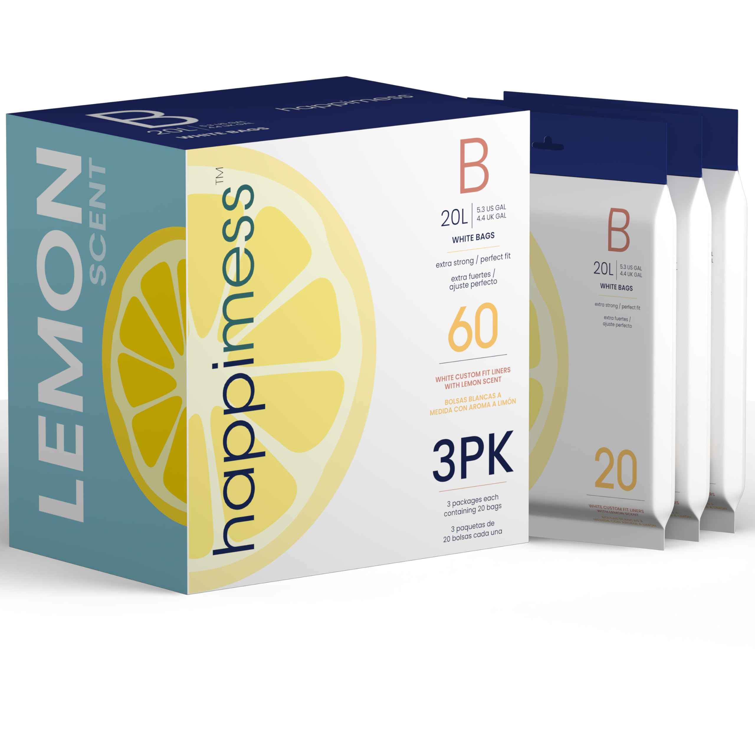 happimess HPM3100B-WHITE 5.3-Gallon Lemon Scented Drawstring Trash Can Liner, White (60-Count, 3-Packs of 20 Liners)
