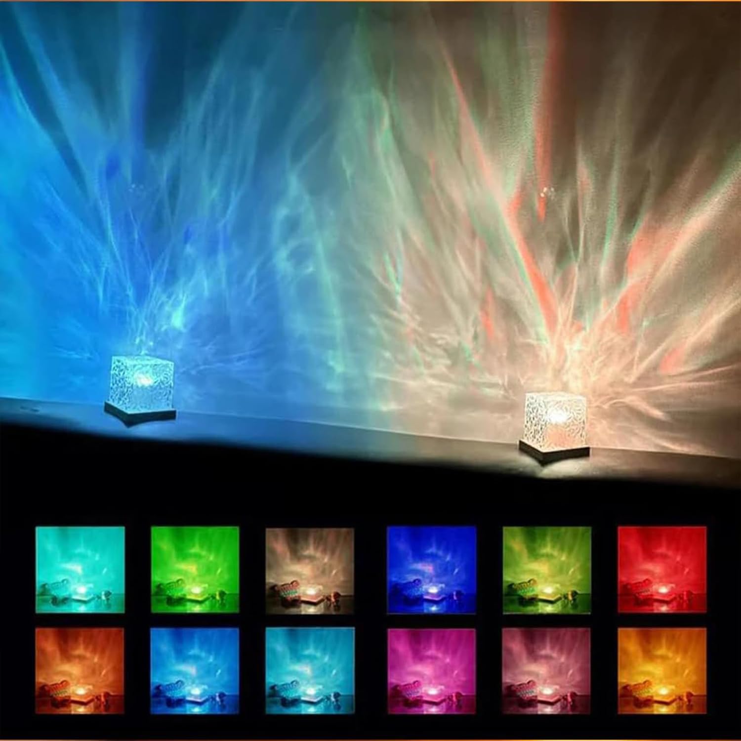 Growalleter Ocean Wave Projector Light, 16-Color LED Cube Lamp & Remote, 3D Holographic Water Ripple, Romantic Ambient Lighting for Kids Room, Meditation, Relaxation, Bathroom, Night Light (Plug-in)