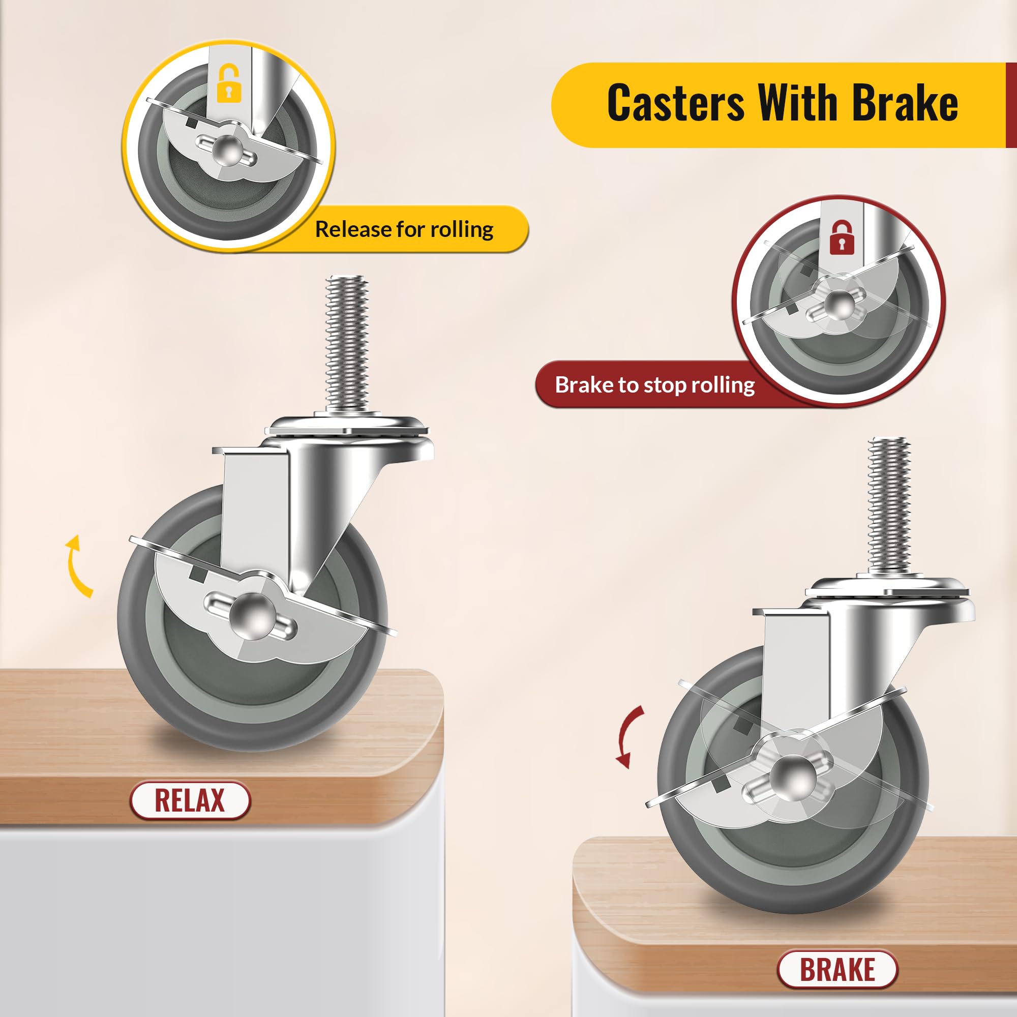HOLKIE Caster Wheels 3 inch Locking Stem Casters, 3/8" -16 x 1-1/2" (Stem Diameter 3/8", Stem Length 1-1/2") Threaded Stem Casters Swivel Casters Set of 4 Heavy Duty Castors, Gray Caster for Furniture