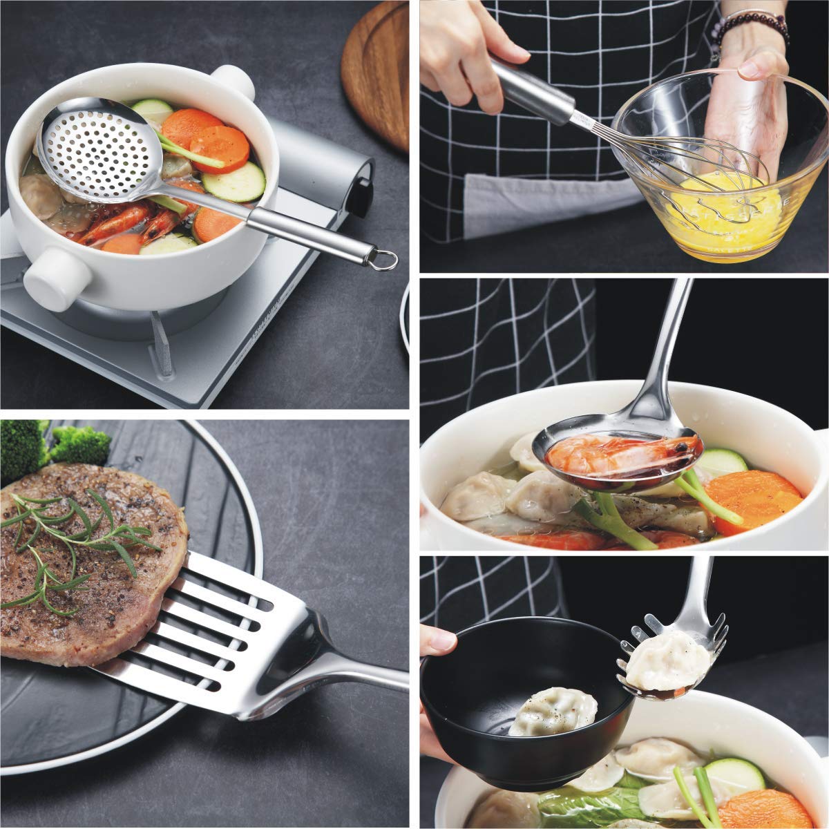 Berglander Stainless Steel Kitchen Utensil 7 Piece with 1 Stand, Slotted Tuner, Ladle, Skimmer, Serving Spoon, Pasta Server,Potato Maseher, Egg Whisk. Kitchen Tool Set. Kitchenware with Holder.